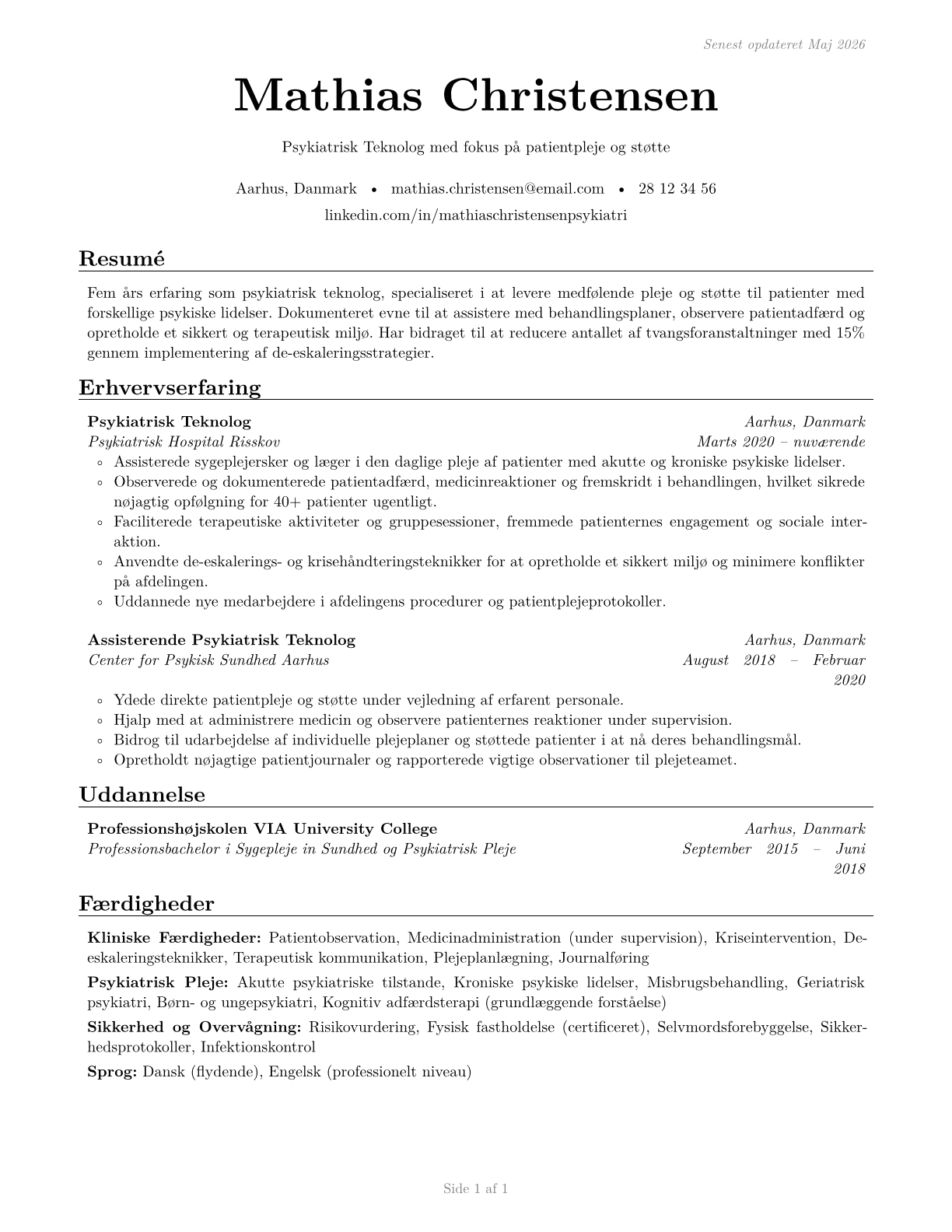 Psychiatric Technicians CV in Danish — page 1