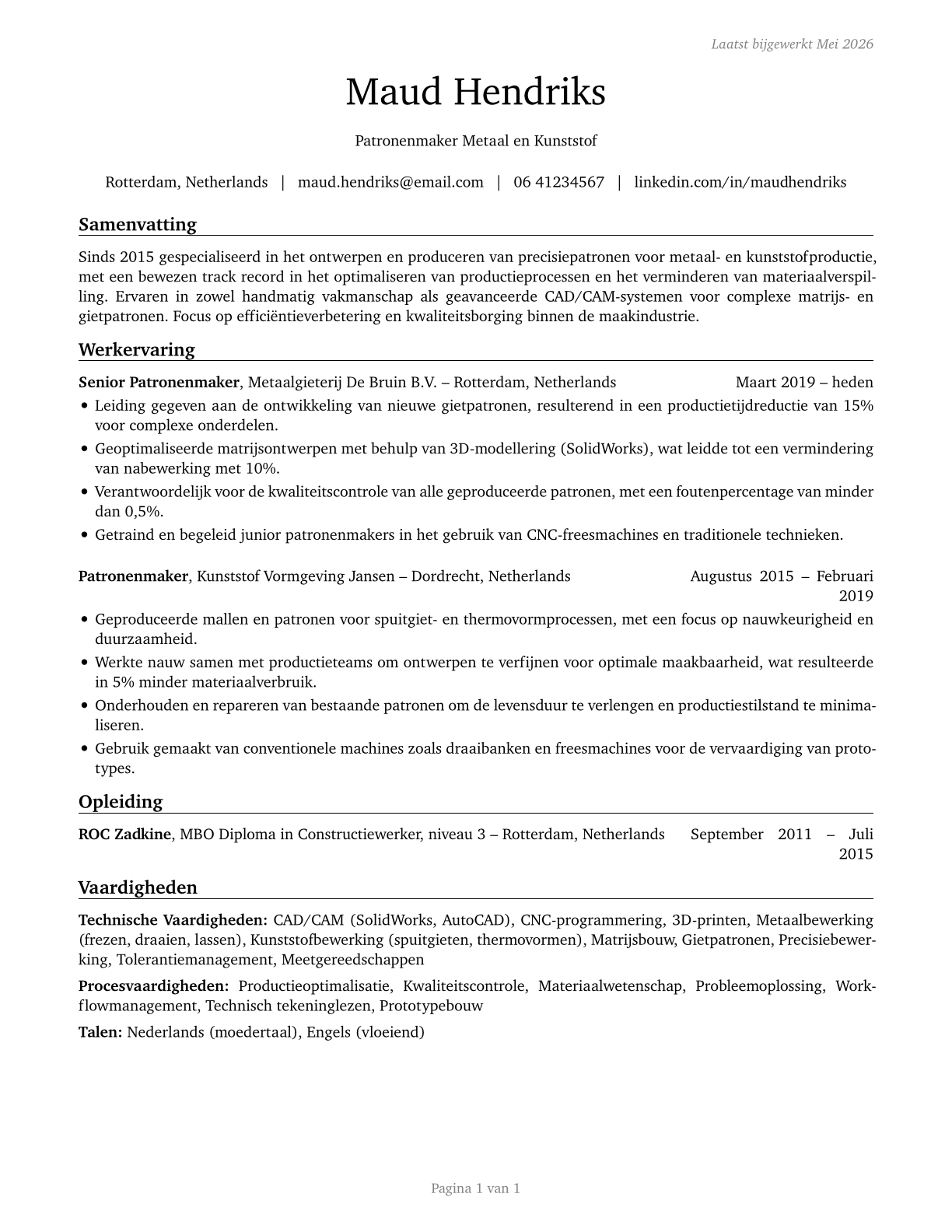 Patternmakers, Metal and Plastic CV in Dutch — page 1