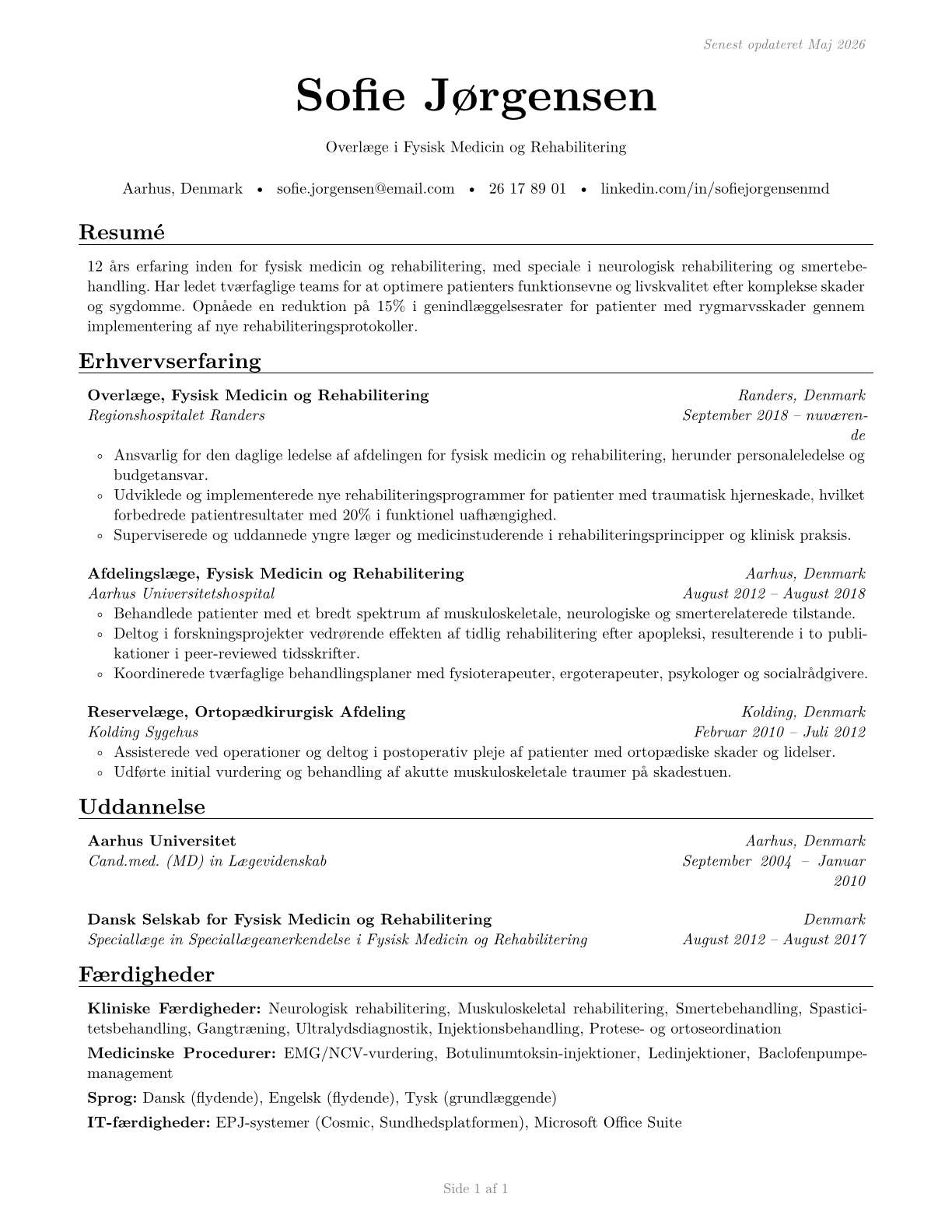 Physical Medicine and Rehabilitation Physicians CV in Danish — page 1