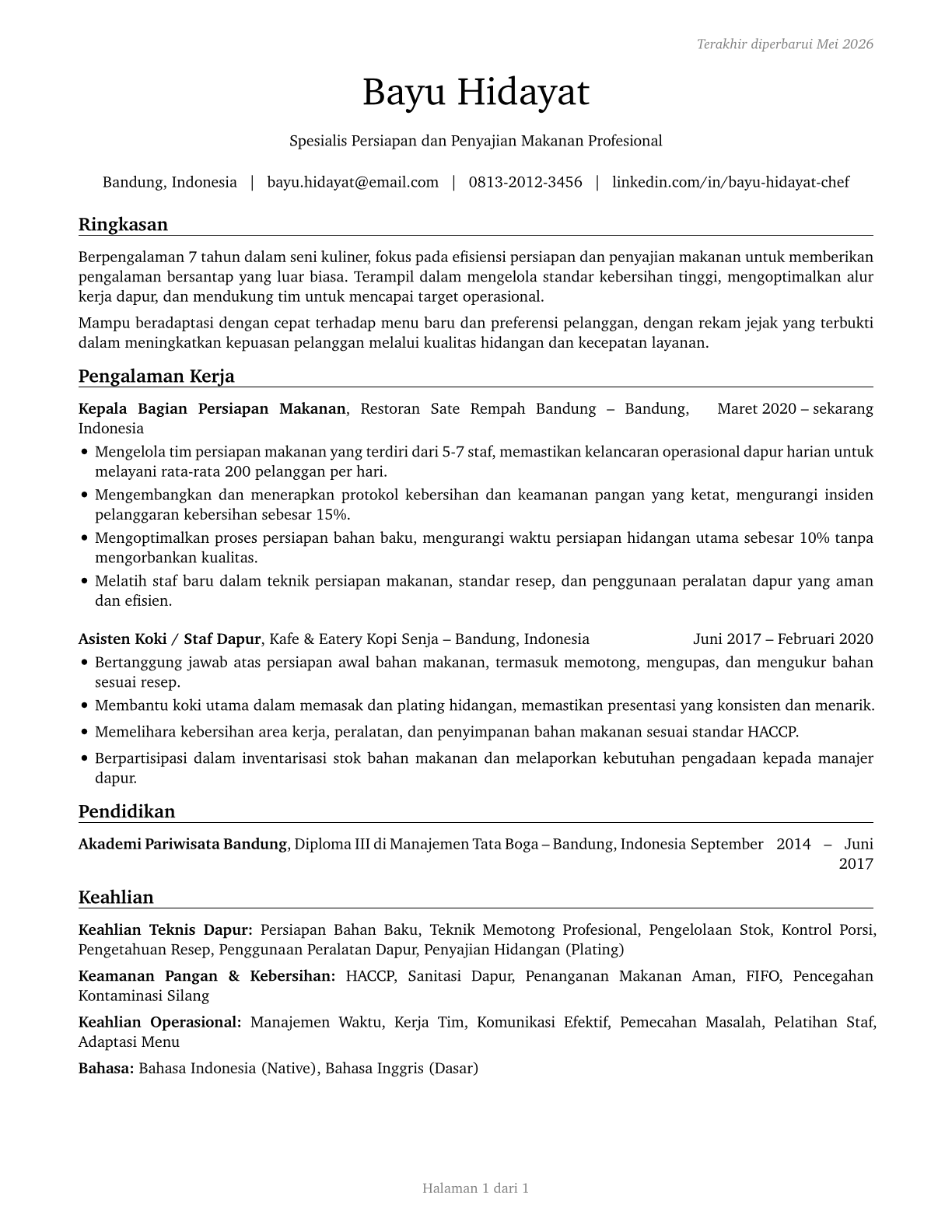 Food Preparation and Serving Related Workers, All Other CV in Indonesian — page 1