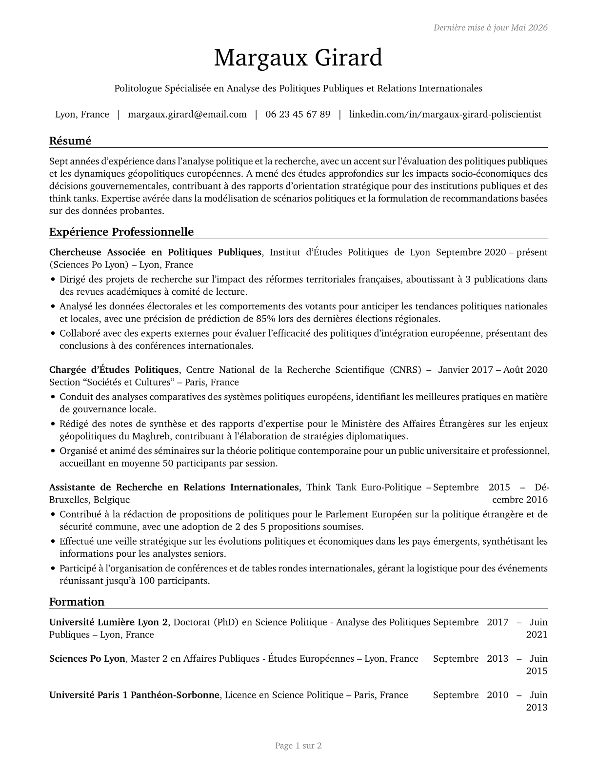 Political Scientists CV in French — page 1