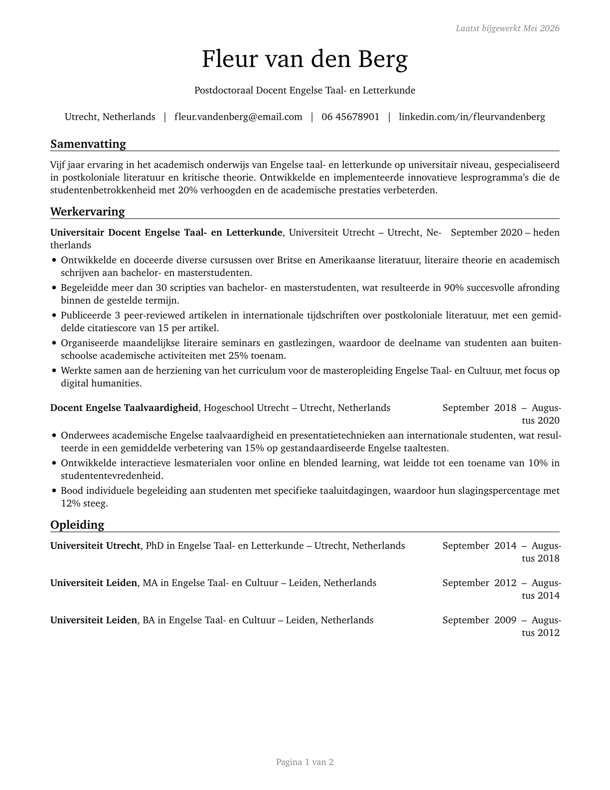 English Language and Literature Teachers, Postsecondary CV in Dutch — page 1