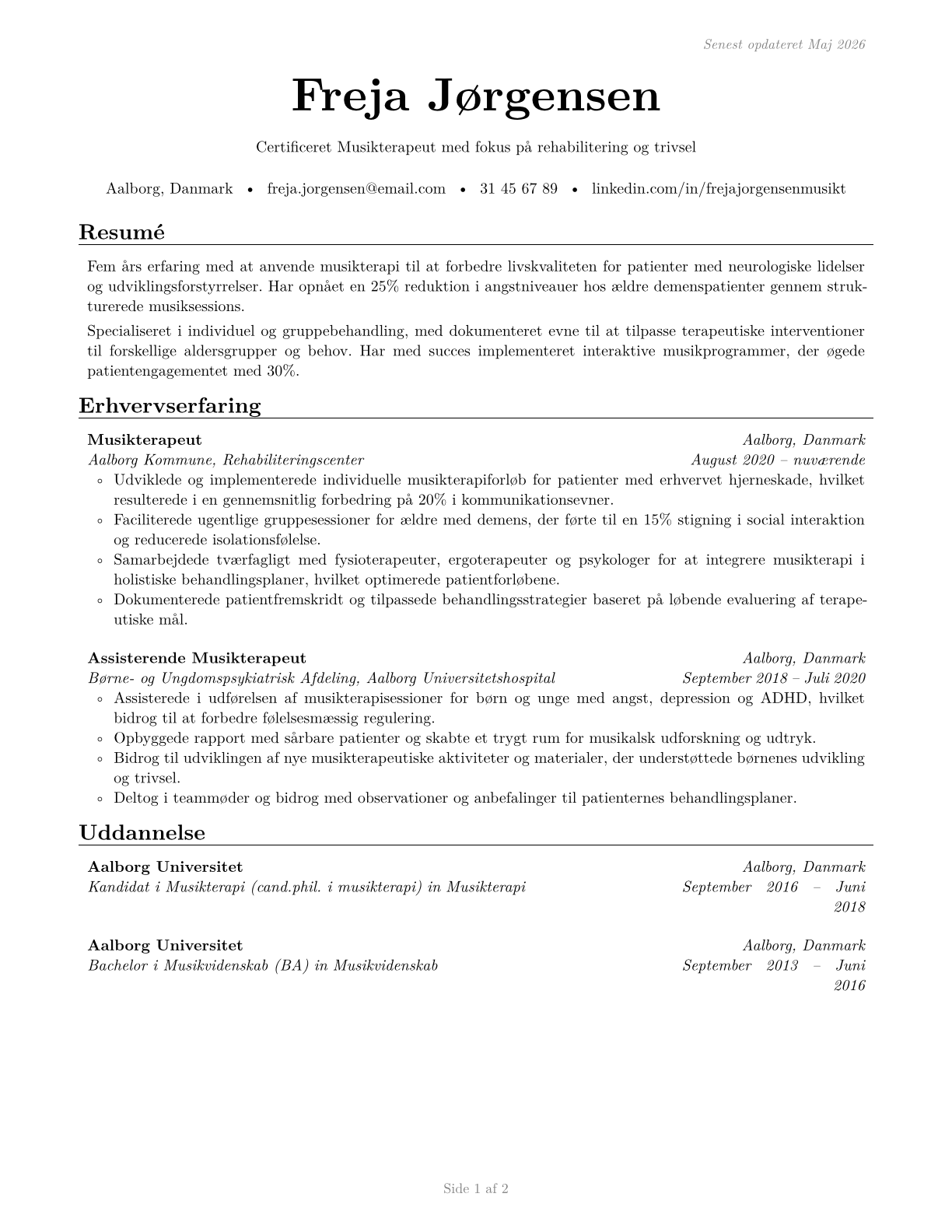 Music Therapists CV in Danish — page 1