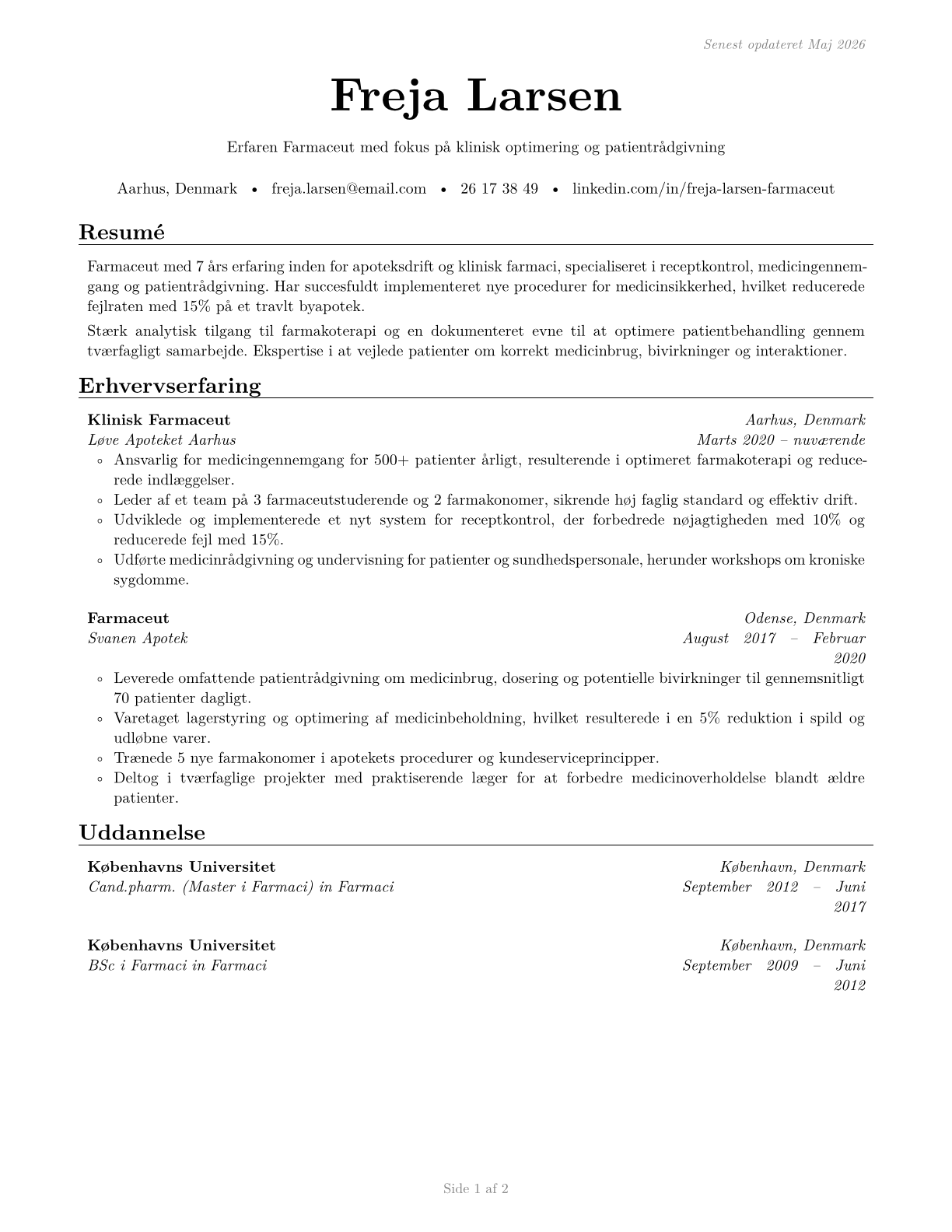 Pharmacists CV in Danish — page 1