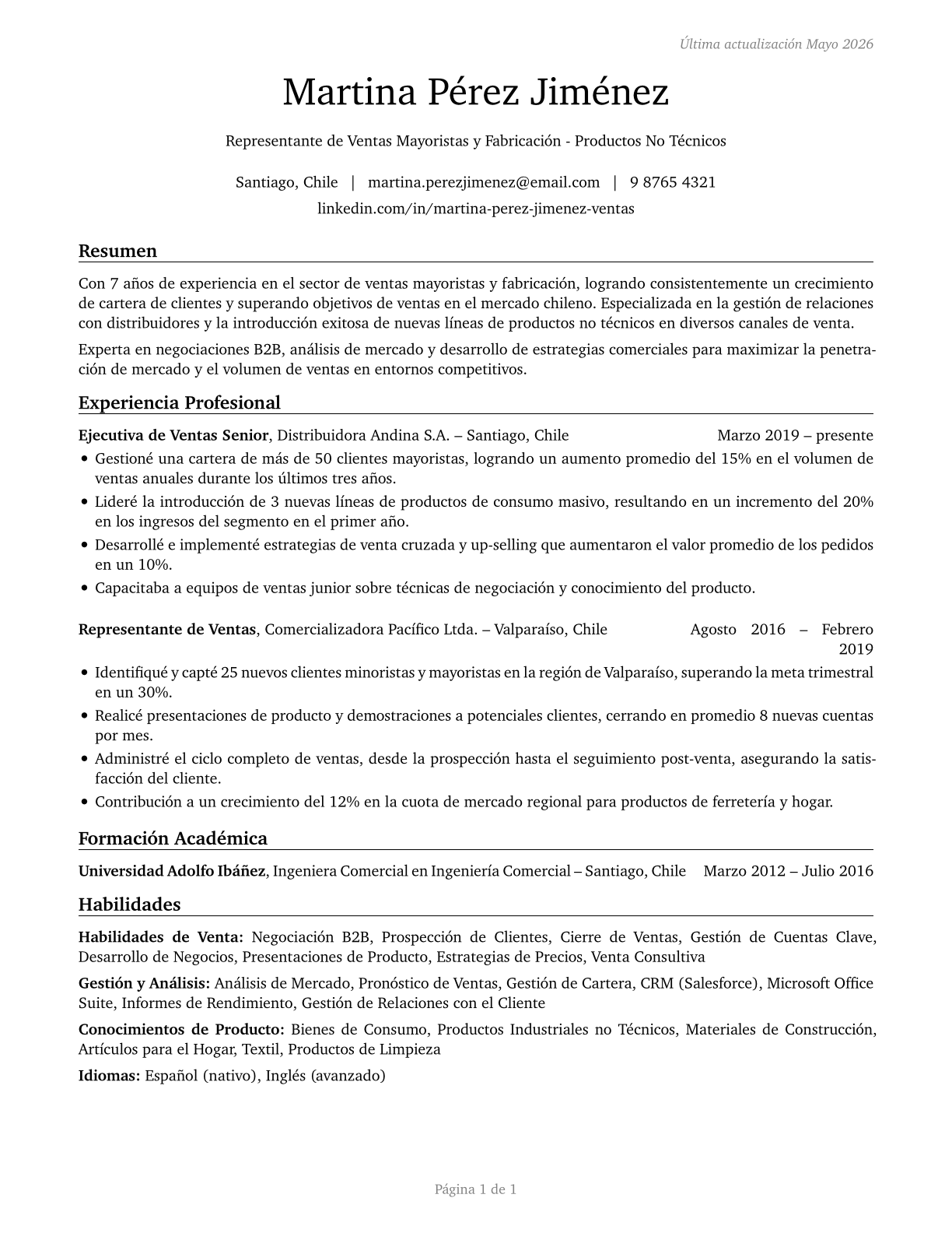 Sales Representatives, Wholesale and Manufacturing, Except Technical and Scientific Products CV in Spanish — page 1