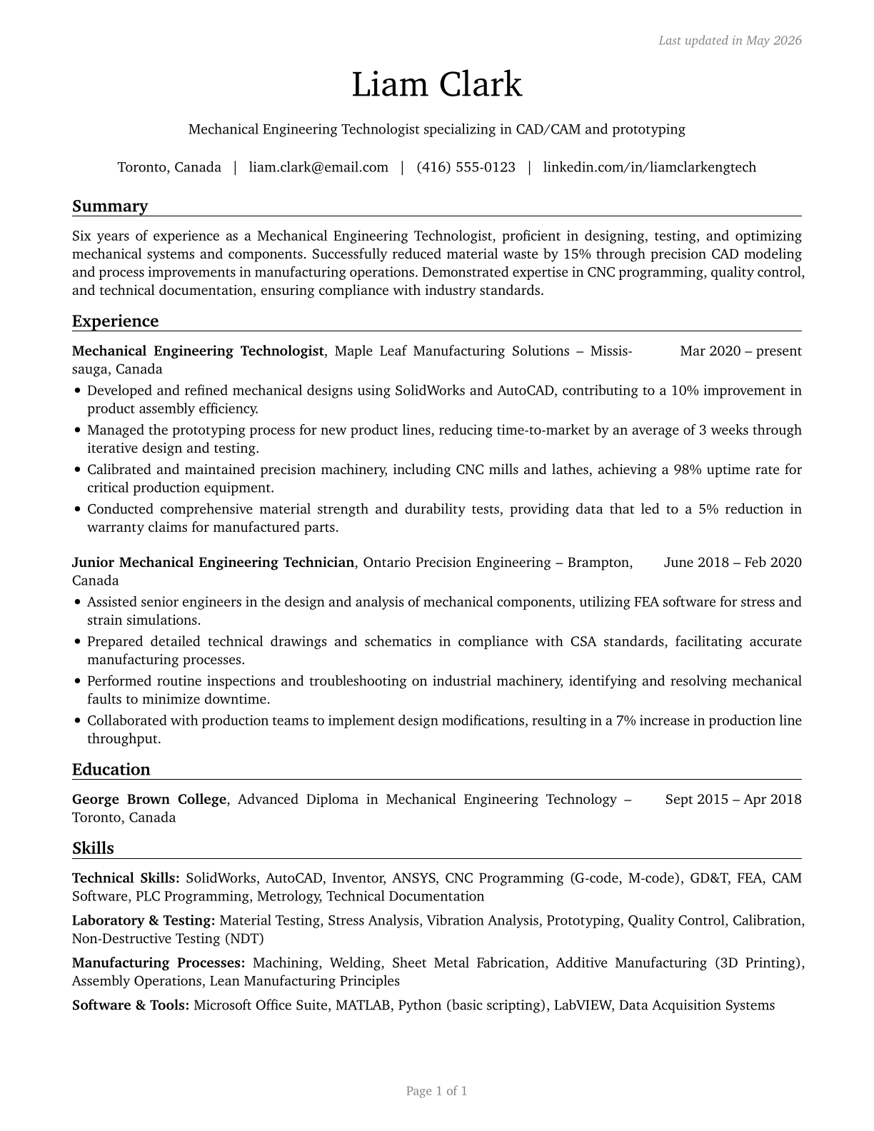Mechanical Engineering Technologists and Technicians CV in English — page 1