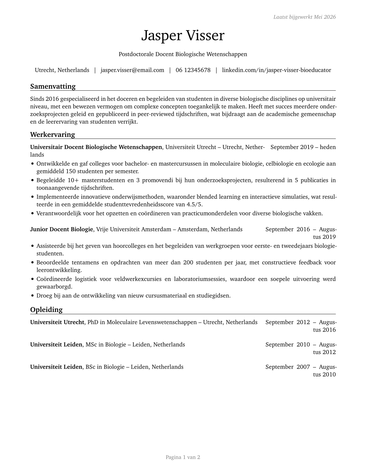 Biological Science Teachers, Postsecondary CV in Dutch — page 1