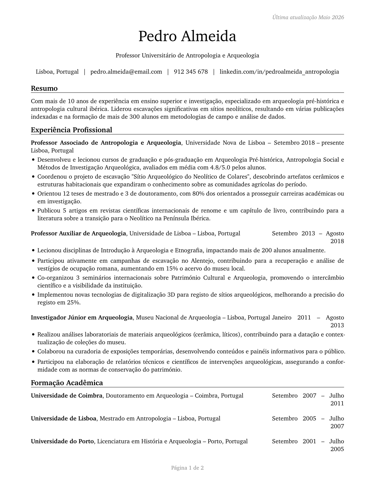 Anthropology and Archeology Teachers, Postsecondary CV in Portuguese — page 1