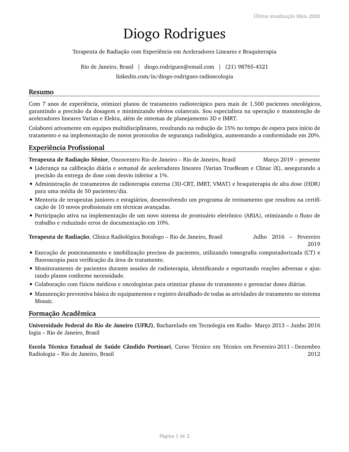 Radiation Therapists CV in Portuguese — page 1