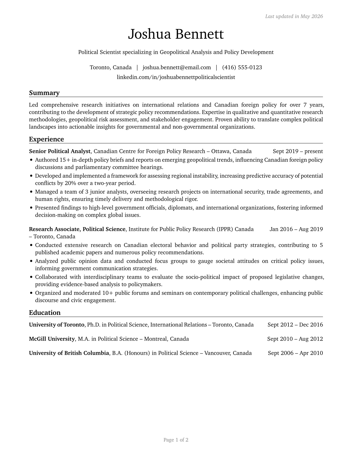 Political Scientists CV in English — page 1