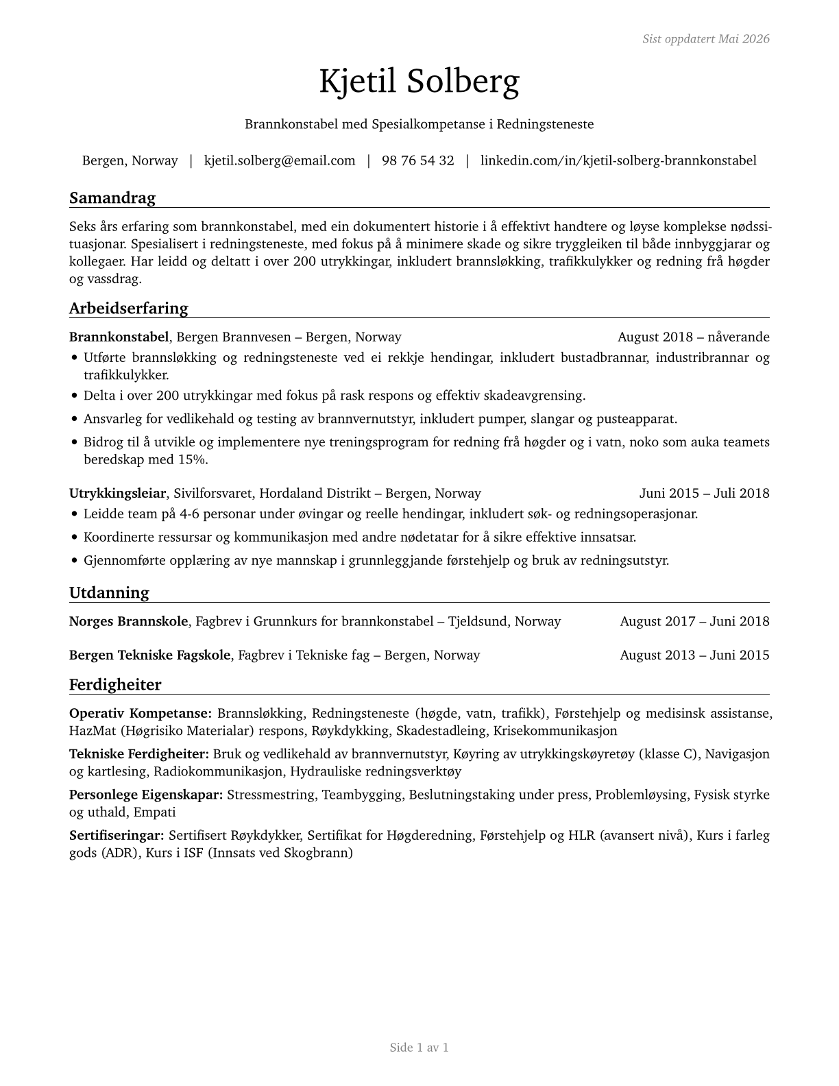 Firefighters CV in Norwegian_nynorsk — page 1