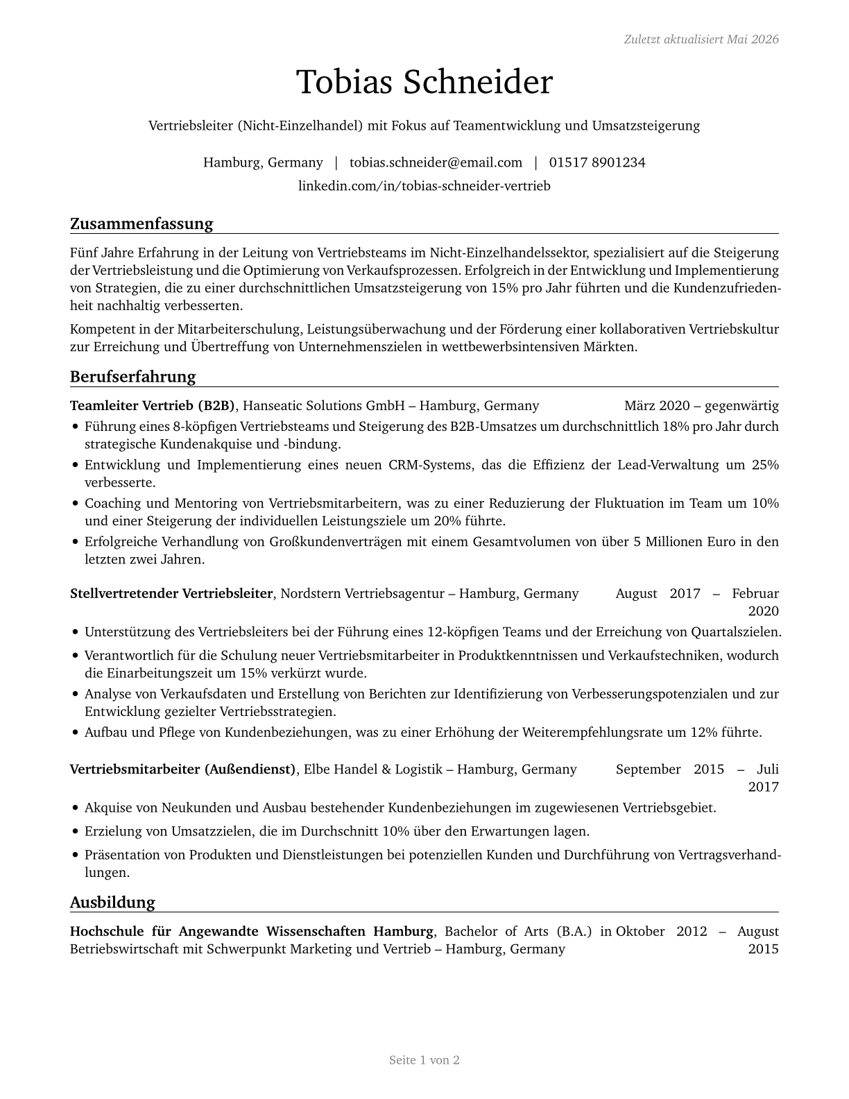 First-Line Supervisors of Non-Retail Sales Workers CV in German — page 1
