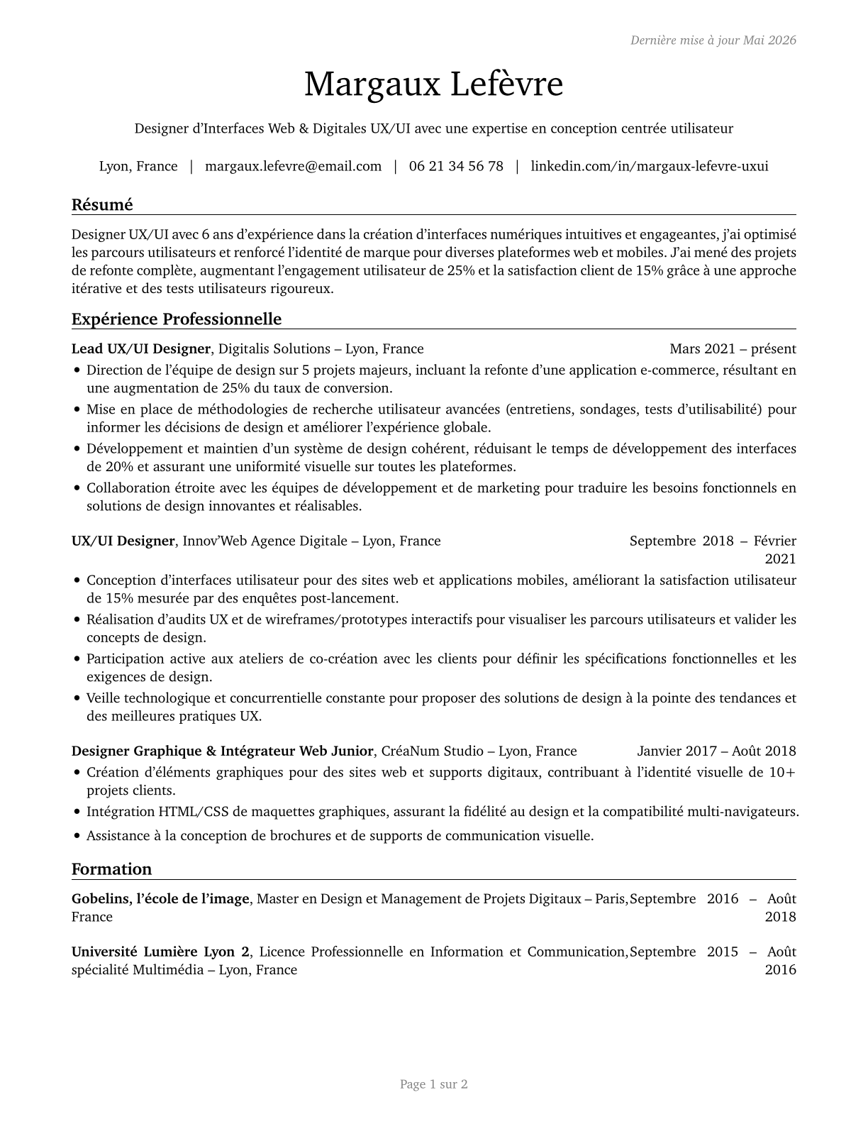 Web and Digital Interface Designers CV in French — page 1