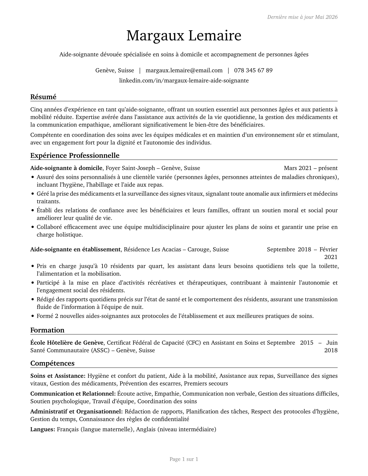 Personal Care Aides CV in French — page 1