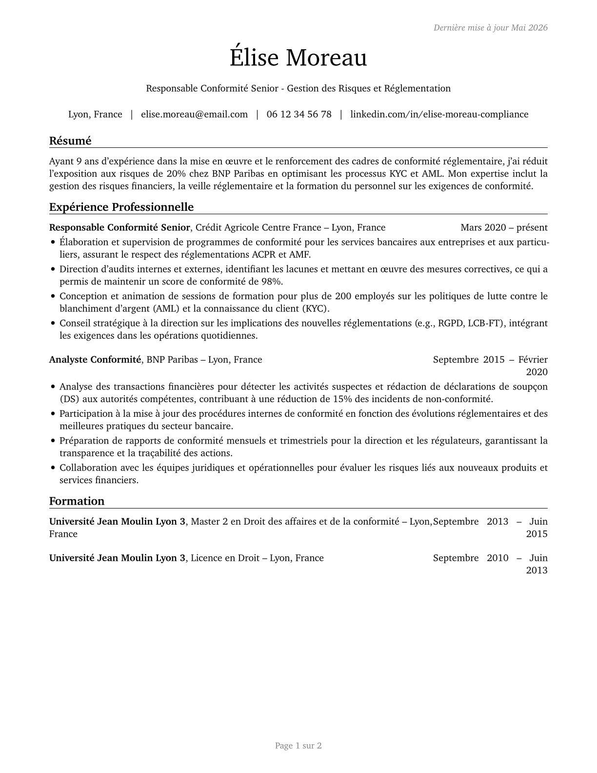 Compliance Managers CV in French — page 1