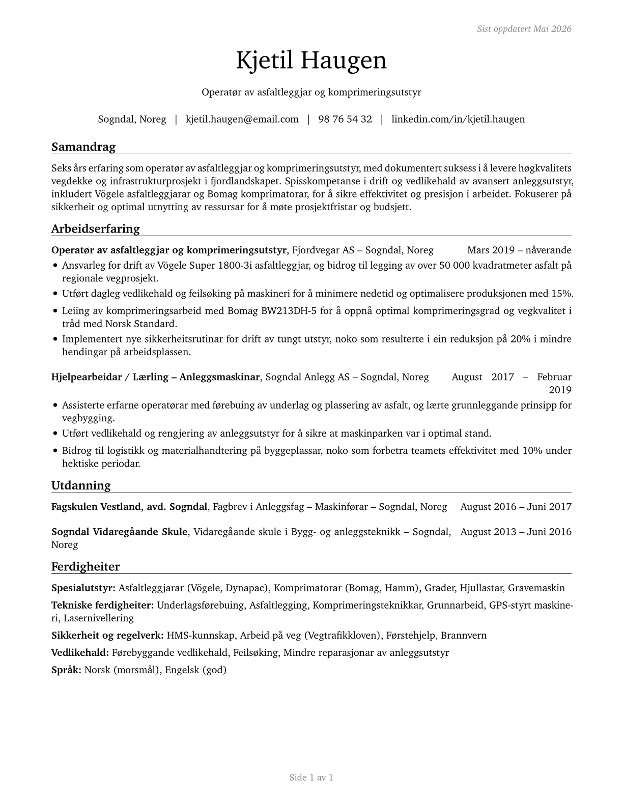 Paving, Surfacing, and Tamping Equipment Operators CV in Norwegian_nynorsk — page 1