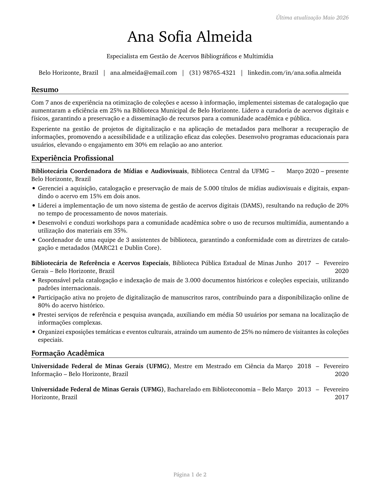 Librarians and Media Collections Specialists CV in Portuguese — page 1