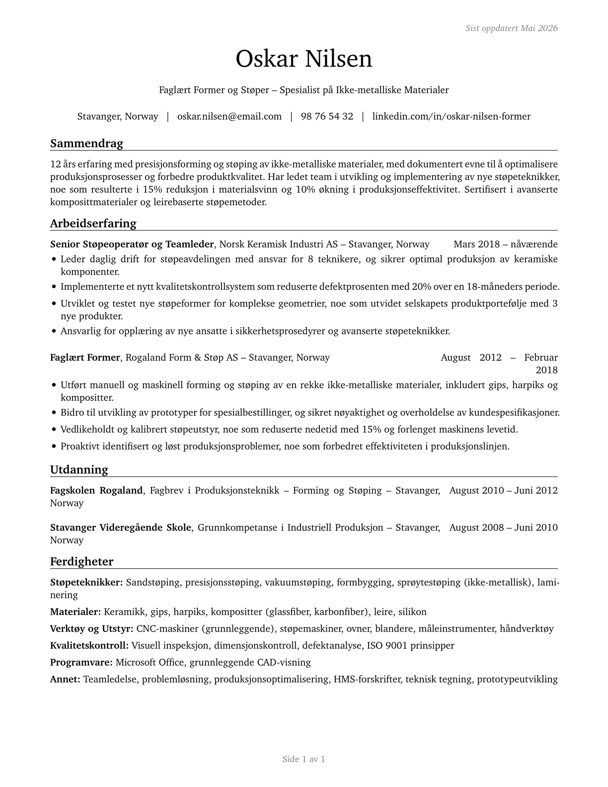 Molders, Shapers, and Casters, Except Metal and Plastic CV in Norwegian_bokmal — page 1