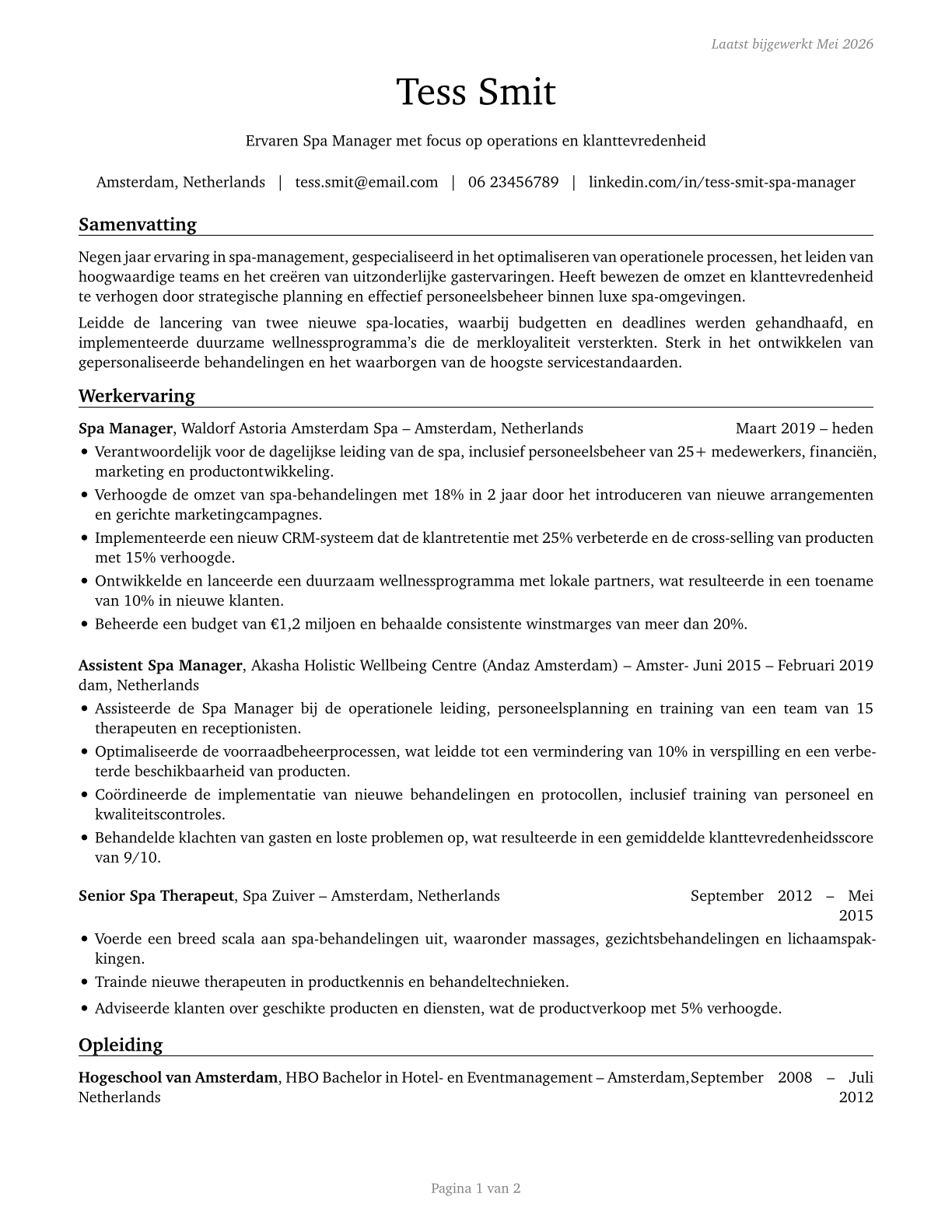 Spa Managers CV in Dutch — page 1