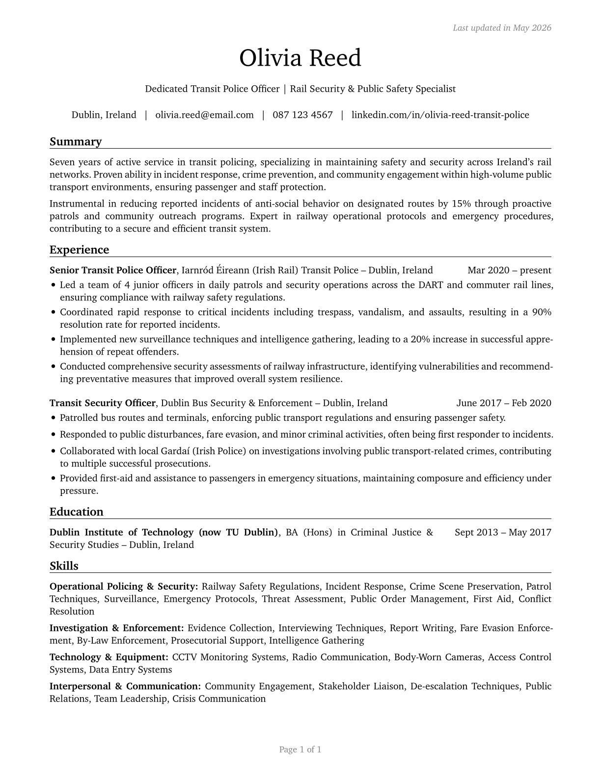 Transit and Railroad Police CV in English — page 1