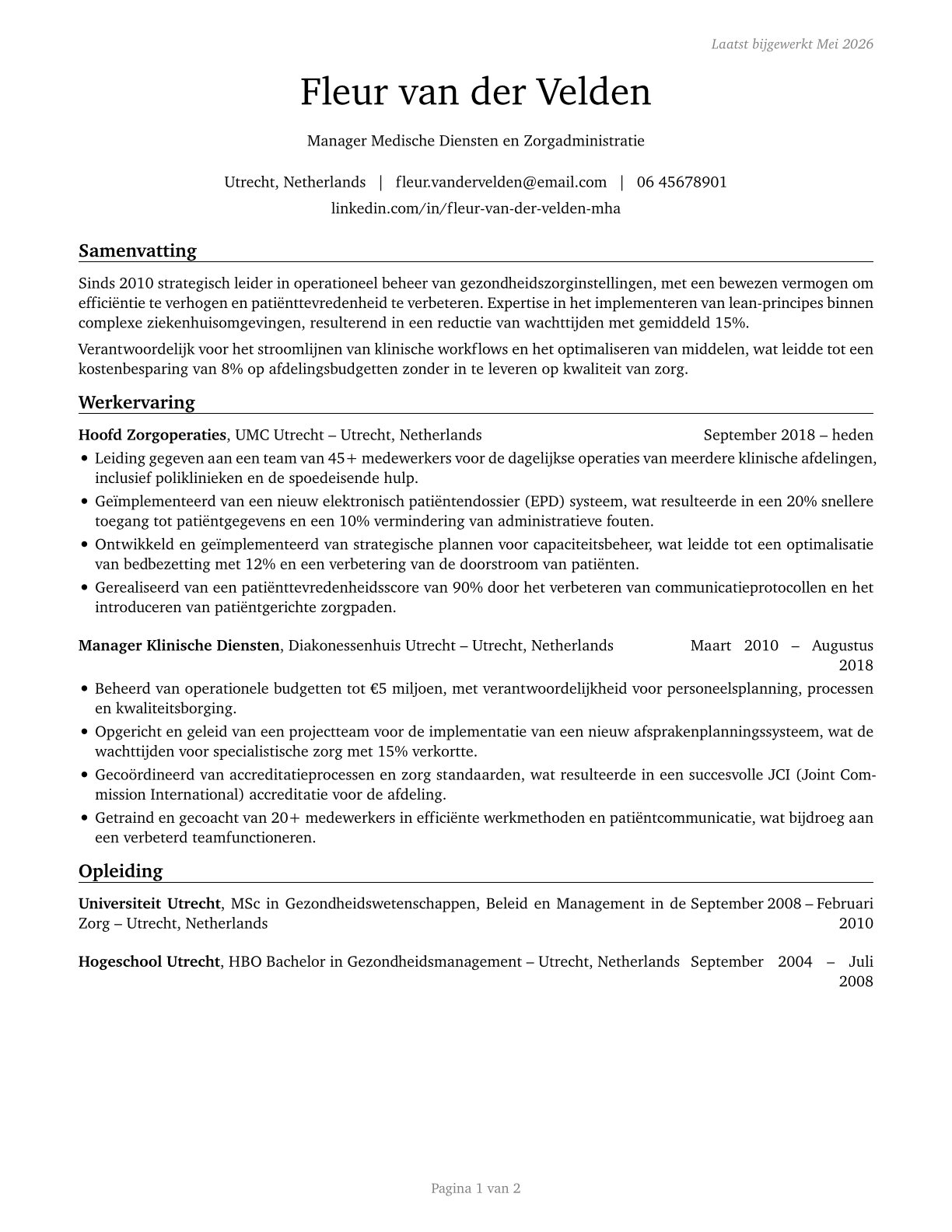 Medical and Health Services Managers CV in Dutch — page 1