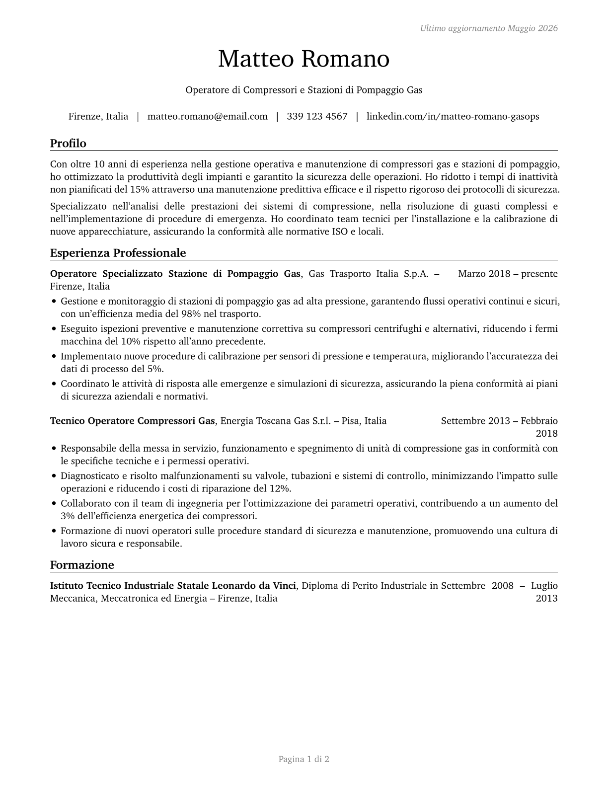 Gas Compressor and Gas Pumping Station Operators CV in Italian — page 1