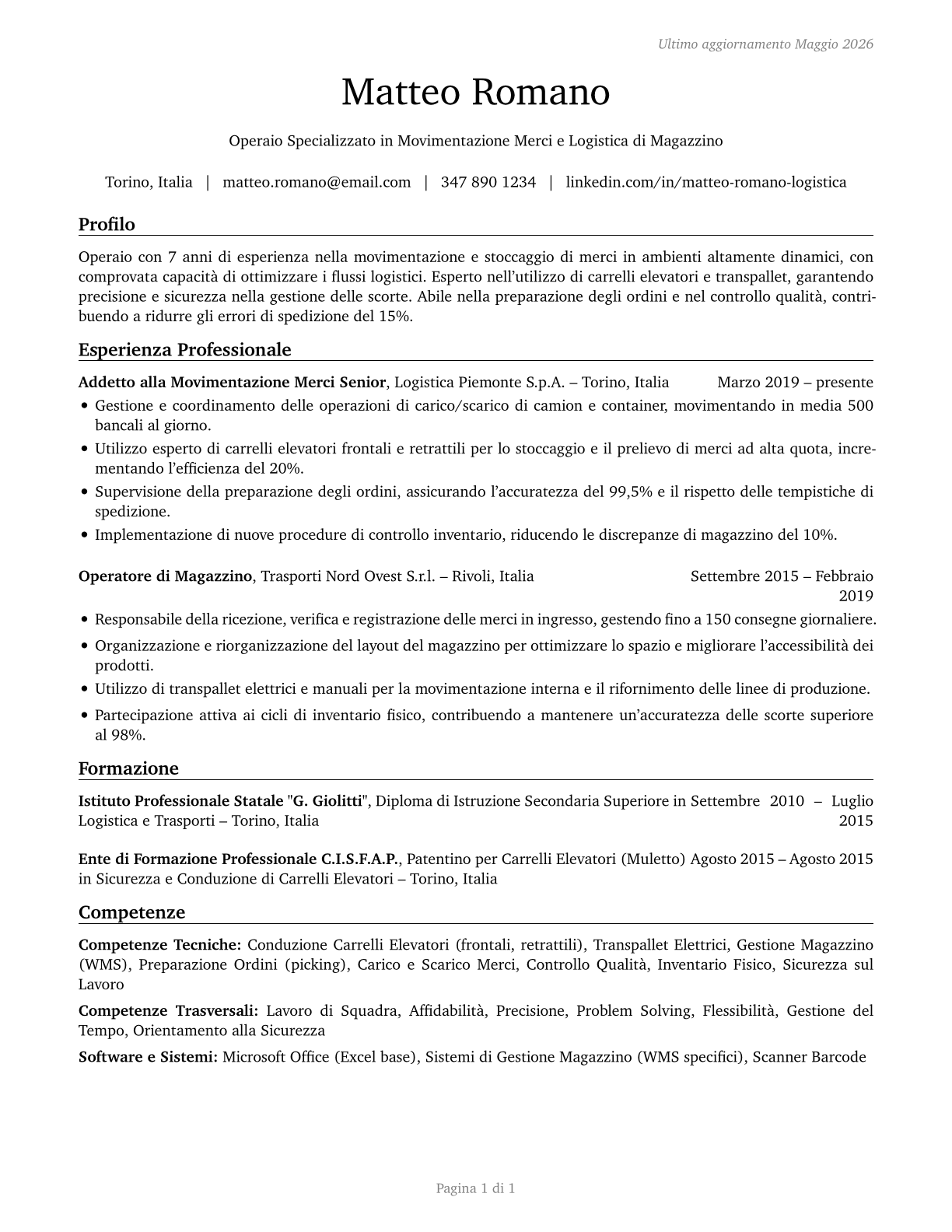 Material Moving Workers, All Other CV in Italian — page 1