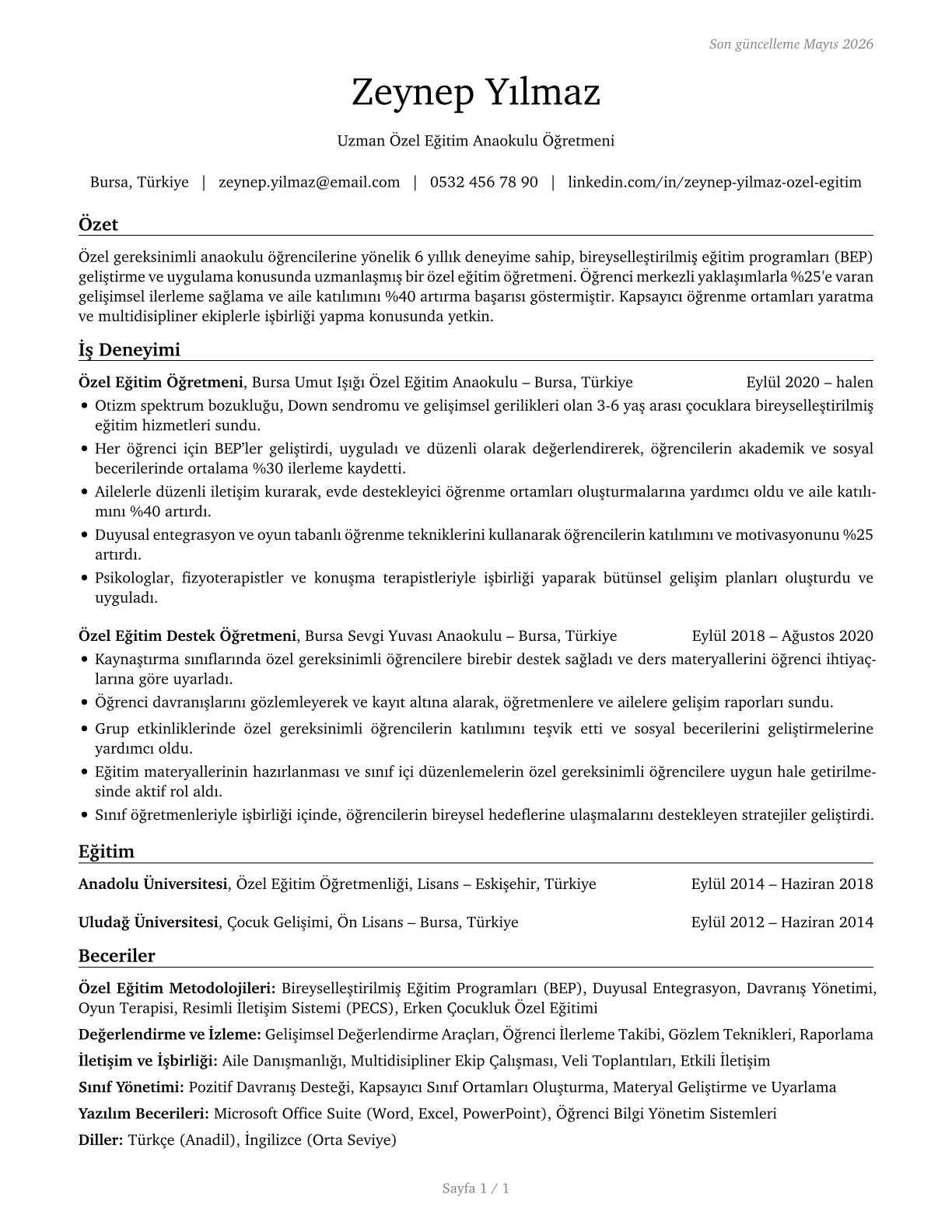 Special Education Teachers, Kindergarten CV in Turkish — page 1