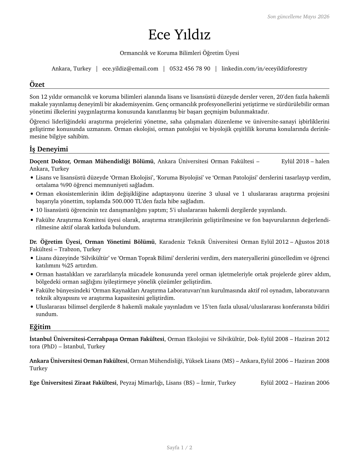 Forestry and Conservation Science Teachers, Postsecondary CV in Turkish — page 1
