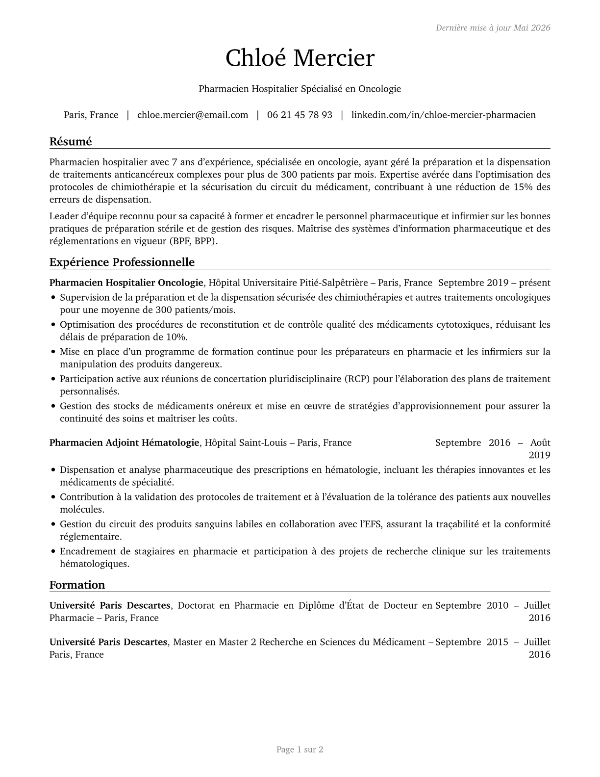 Pharmacists CV in French — page 1