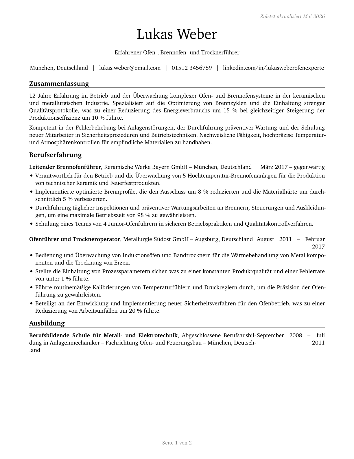 Furnace, Kiln, Oven, Drier, and Kettle Operators and Tenders CV in German — page 1