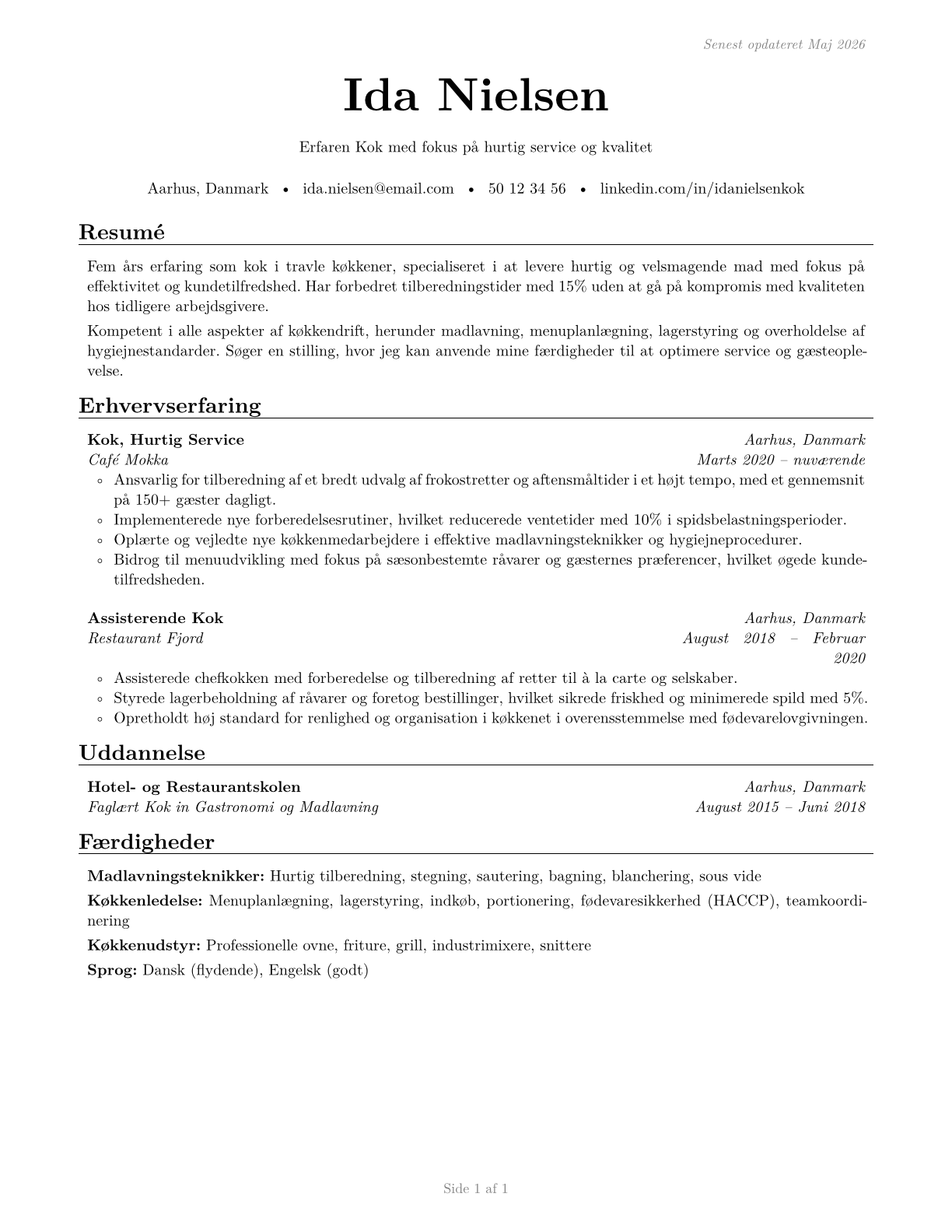 Cooks, Short Order CV in Danish — page 1