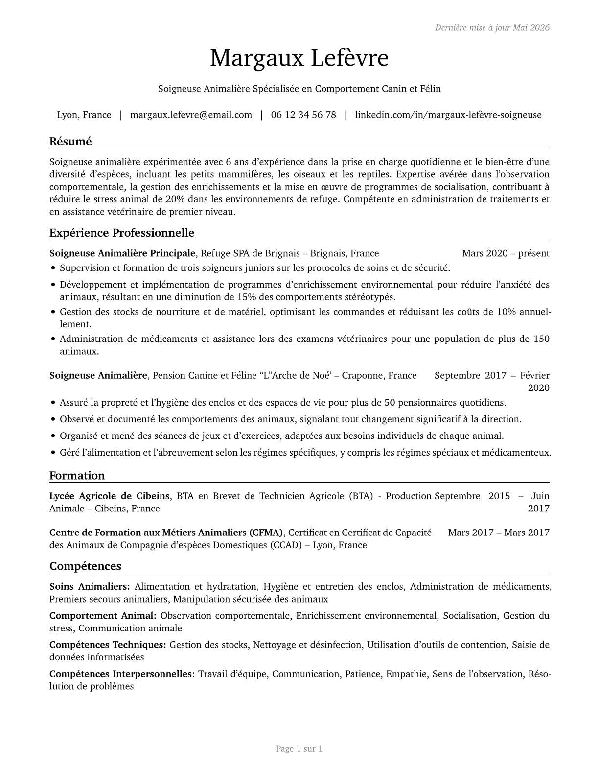 Animal Caretakers CV in French — page 1