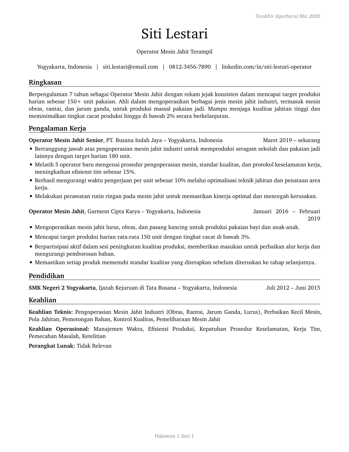 Sewing Machine Operators CV in Indonesian — page 1