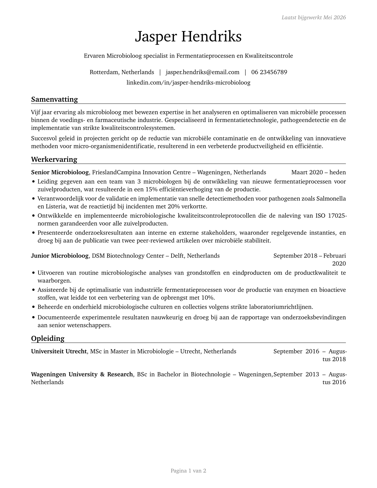 Microbiologists CV in Dutch — page 1