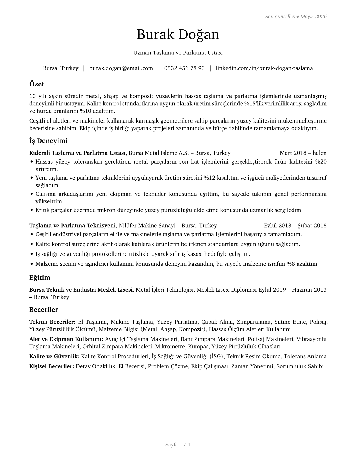 Grinding and Polishing Workers, Hand CV in Turkish — page 1