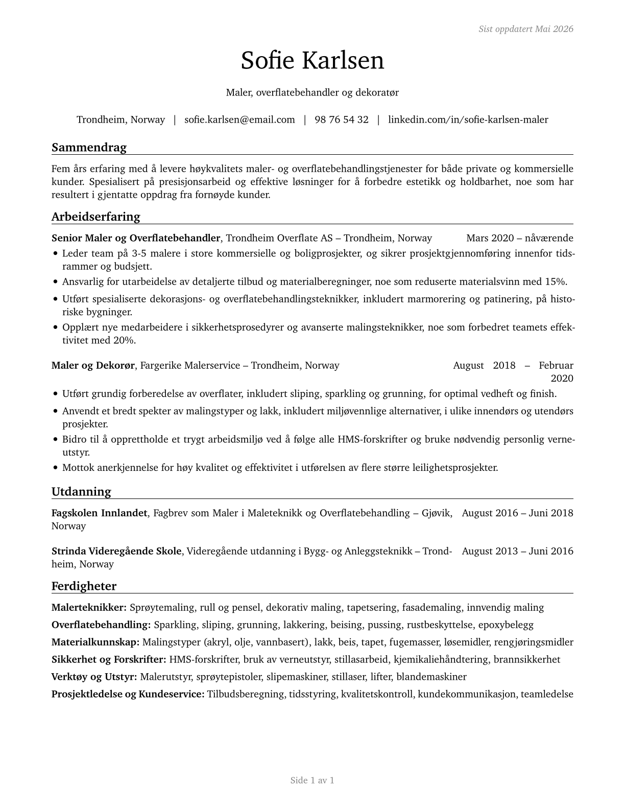 Painting, Coating, and Decorating Workers CV in Norwegian_bokmal — page 1