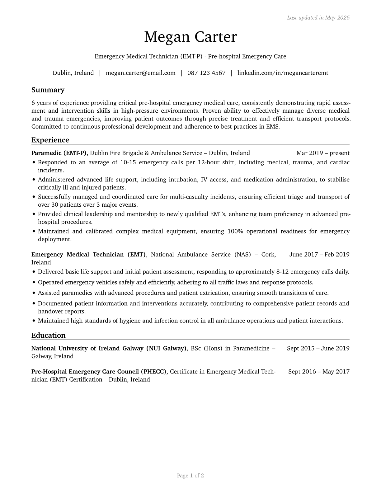 Emergency Medical Technicians CV in English — page 1