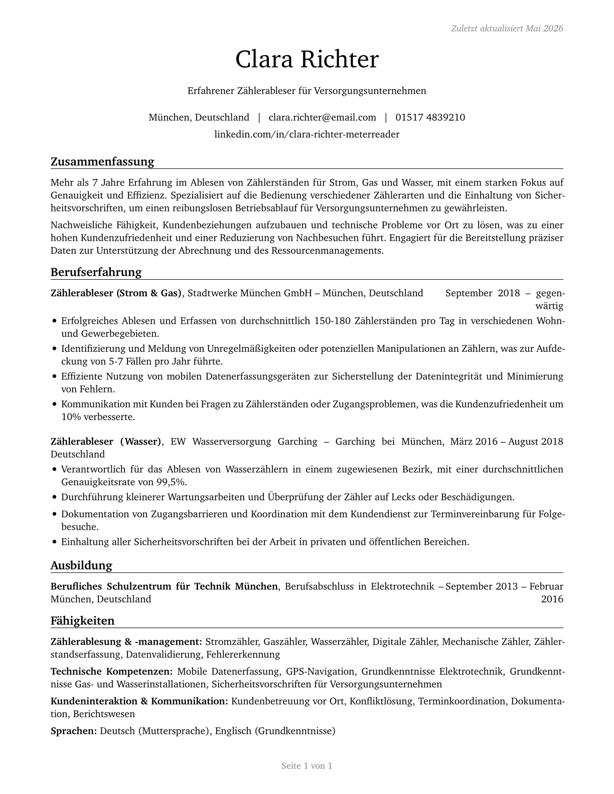 Meter Readers, Utilities CV in German — page 1