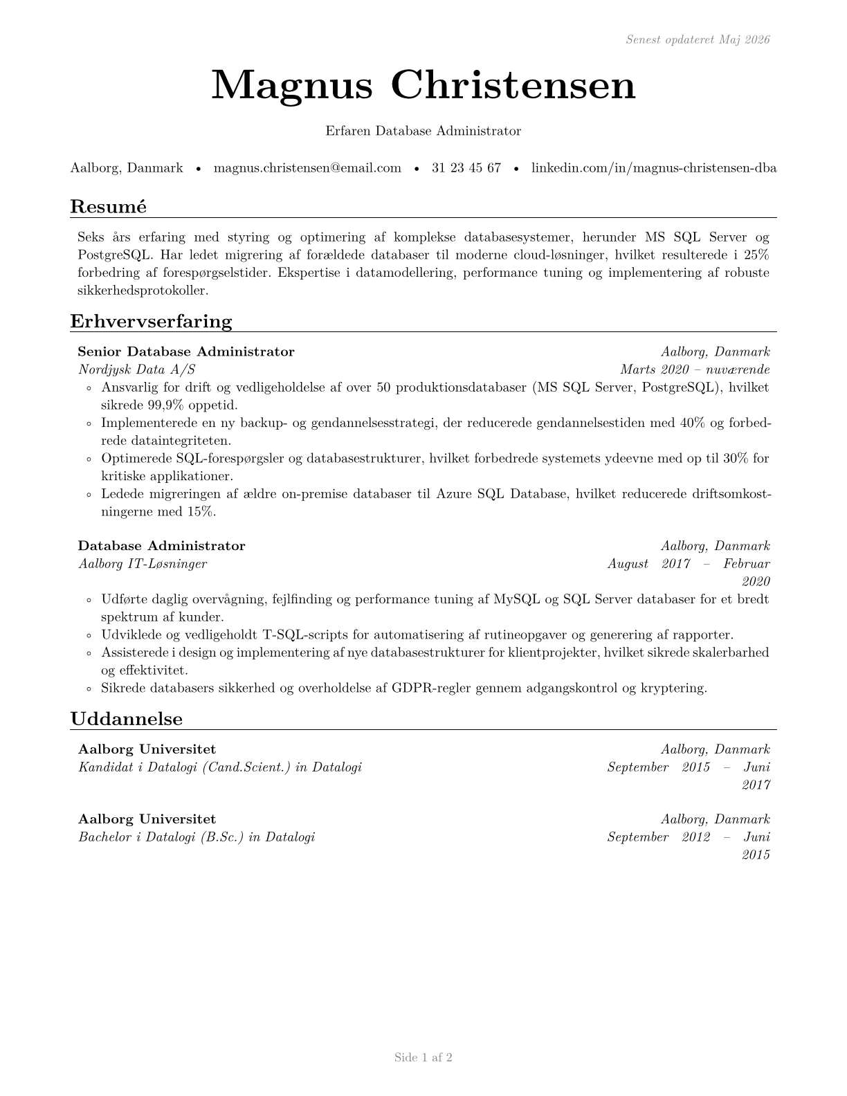 Database Administrators CV in Danish — page 1