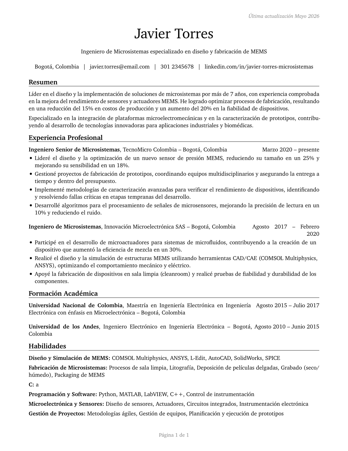 Microsystems Engineers CV in Spanish — page 1
