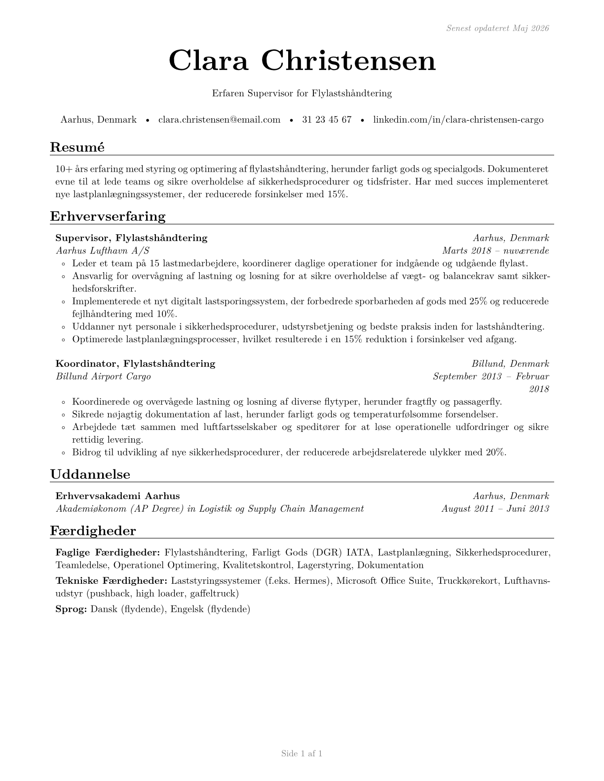 Aircraft Cargo Handling Supervisors CV in Danish — page 1