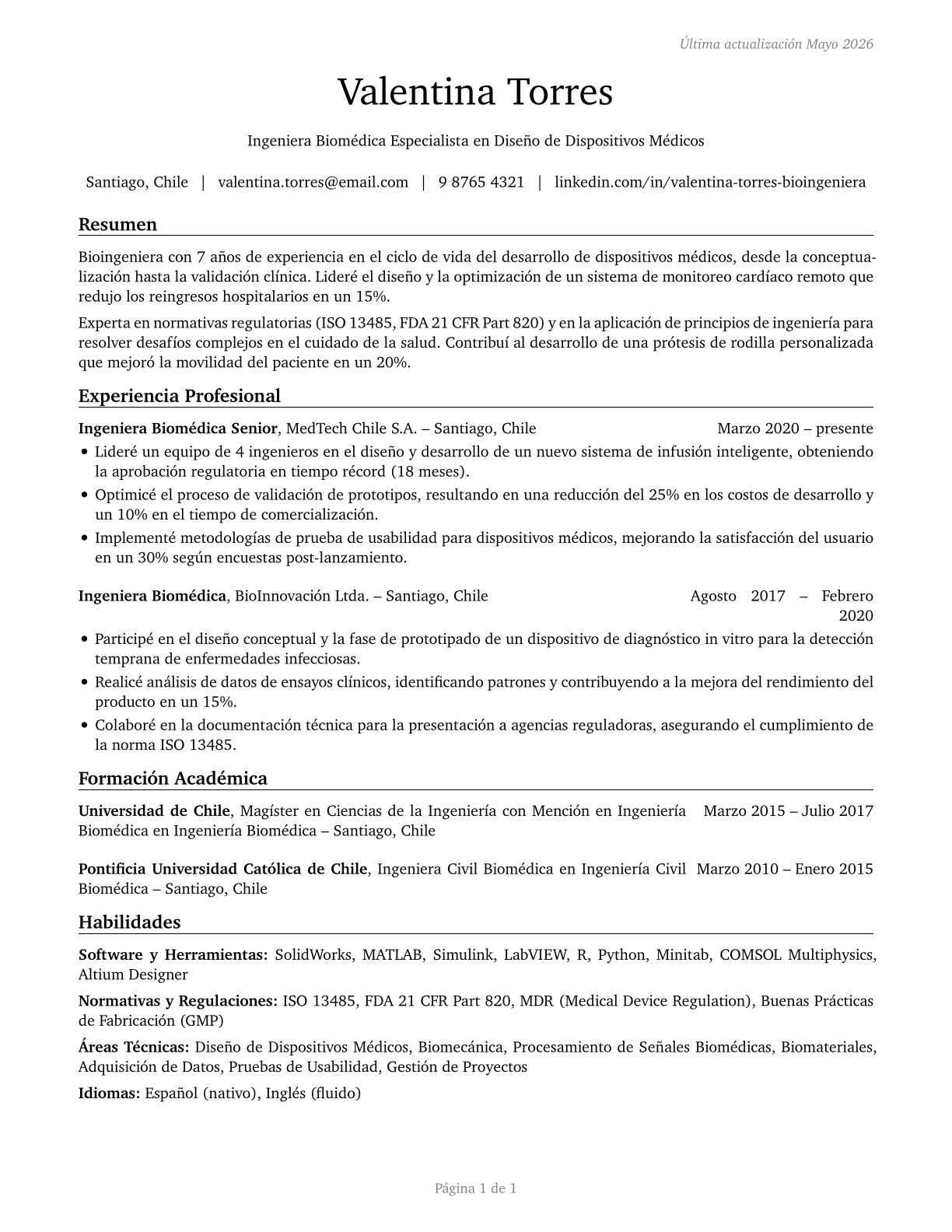 Bioengineers and Biomedical Engineers CV in Spanish — page 1