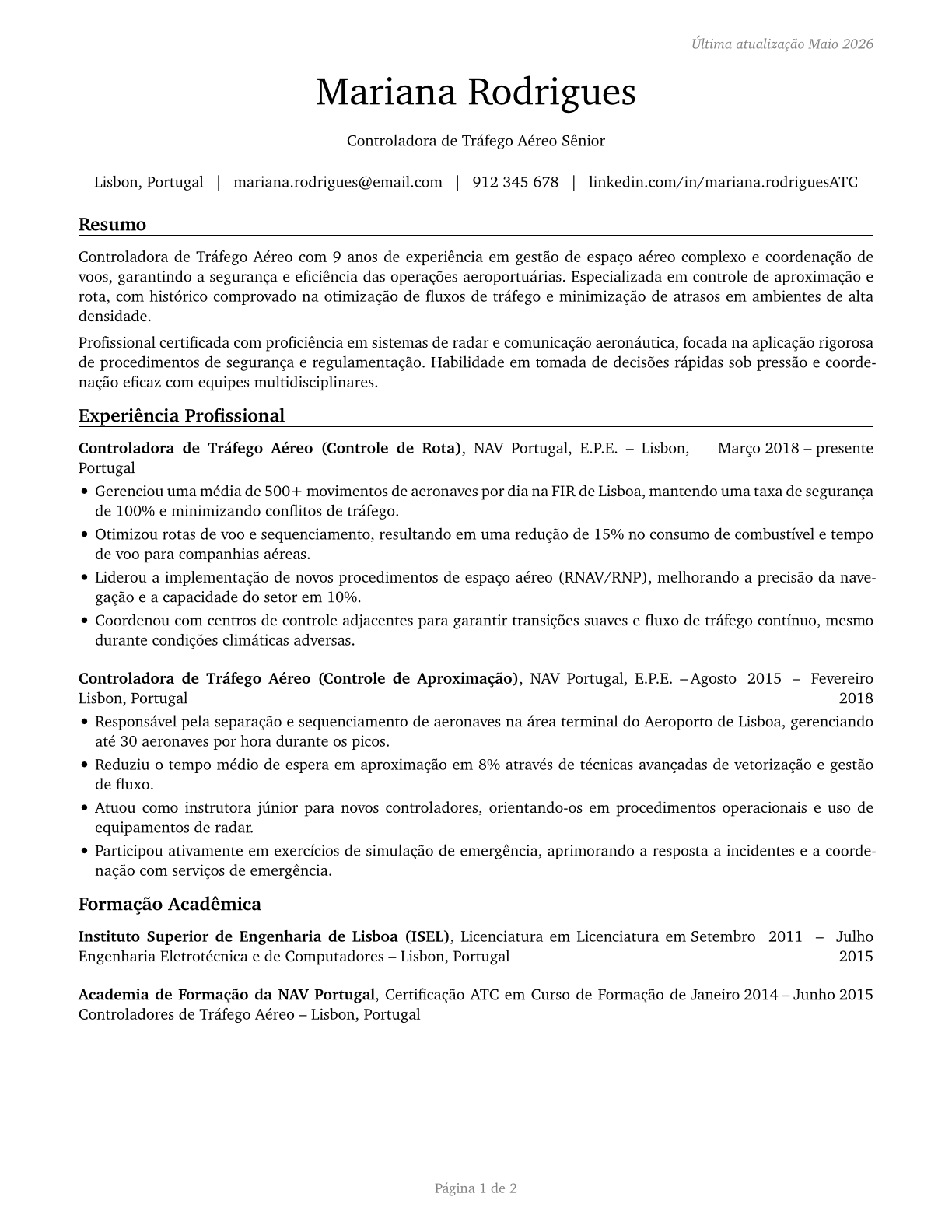 Air Traffic Controllers CV in Portuguese — page 1
