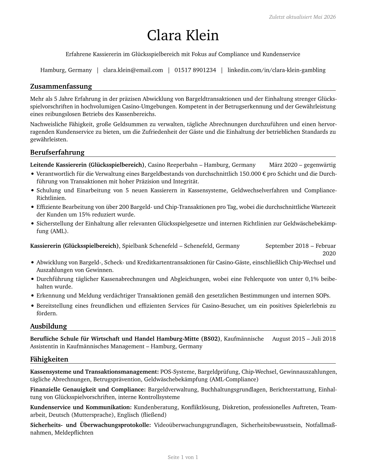 Gambling Cage Workers CV in German — page 1