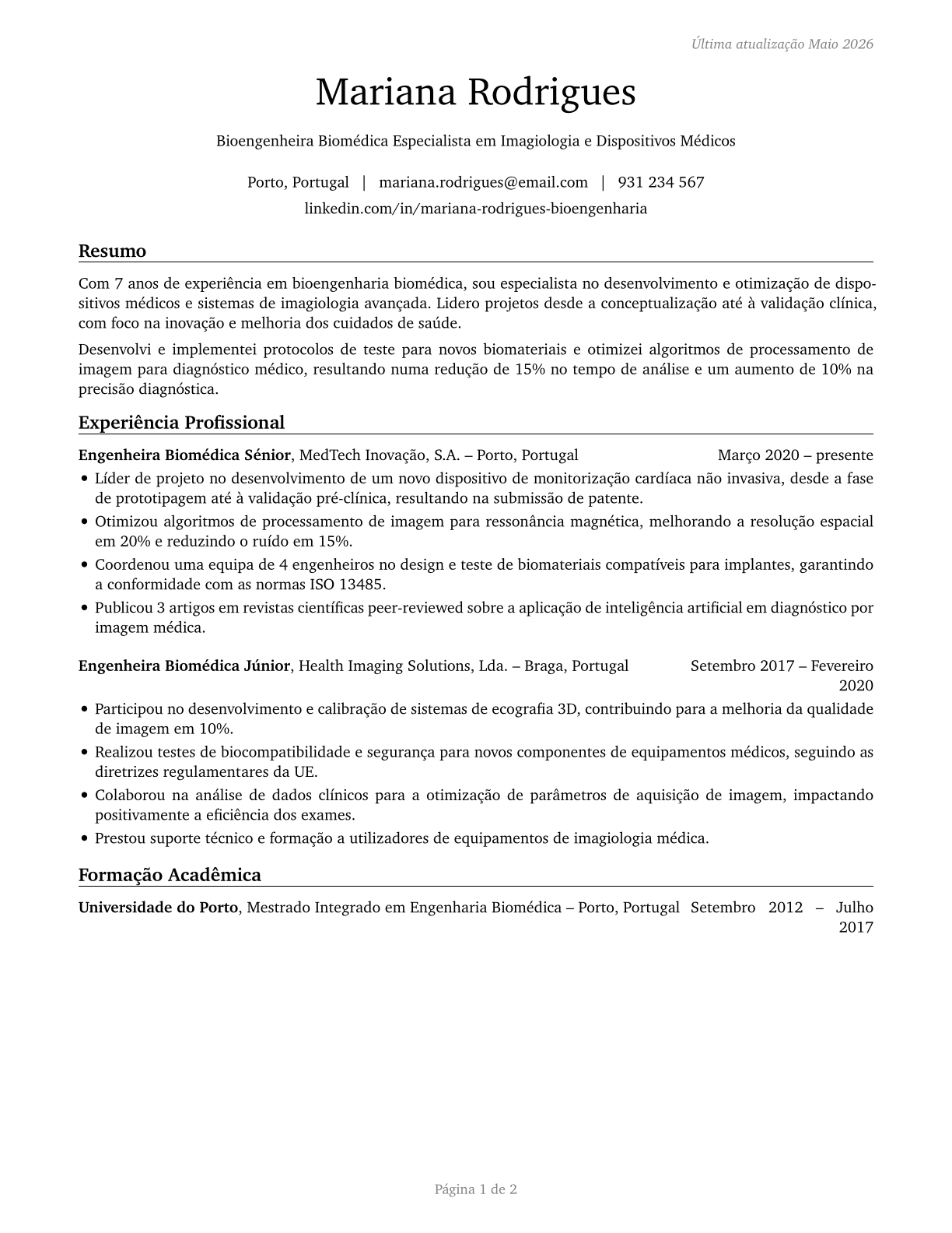 Bioengineers and Biomedical Engineers CV in Portuguese — page 1
