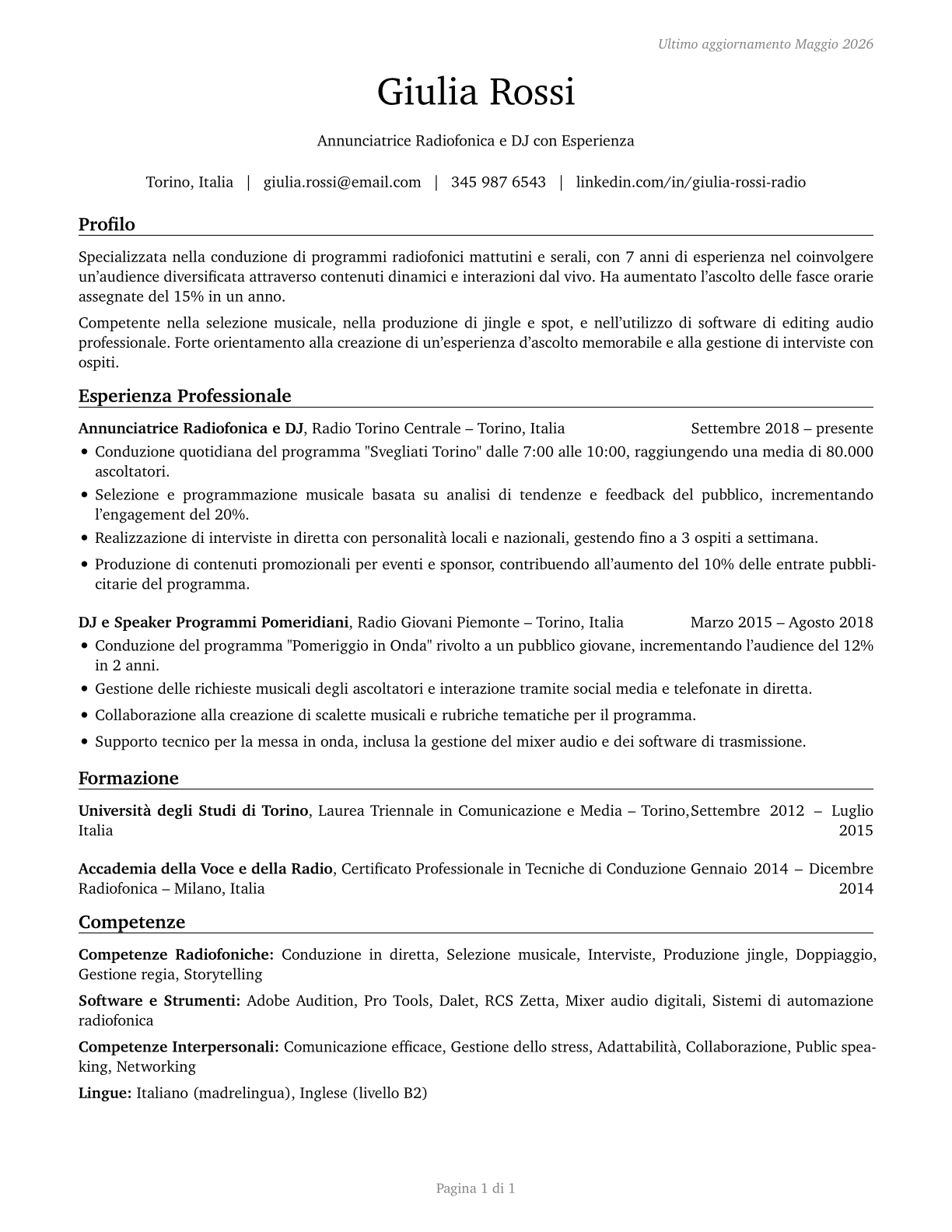 Broadcast Announcers and Radio Disc Jockeys CV in Italian — page 1