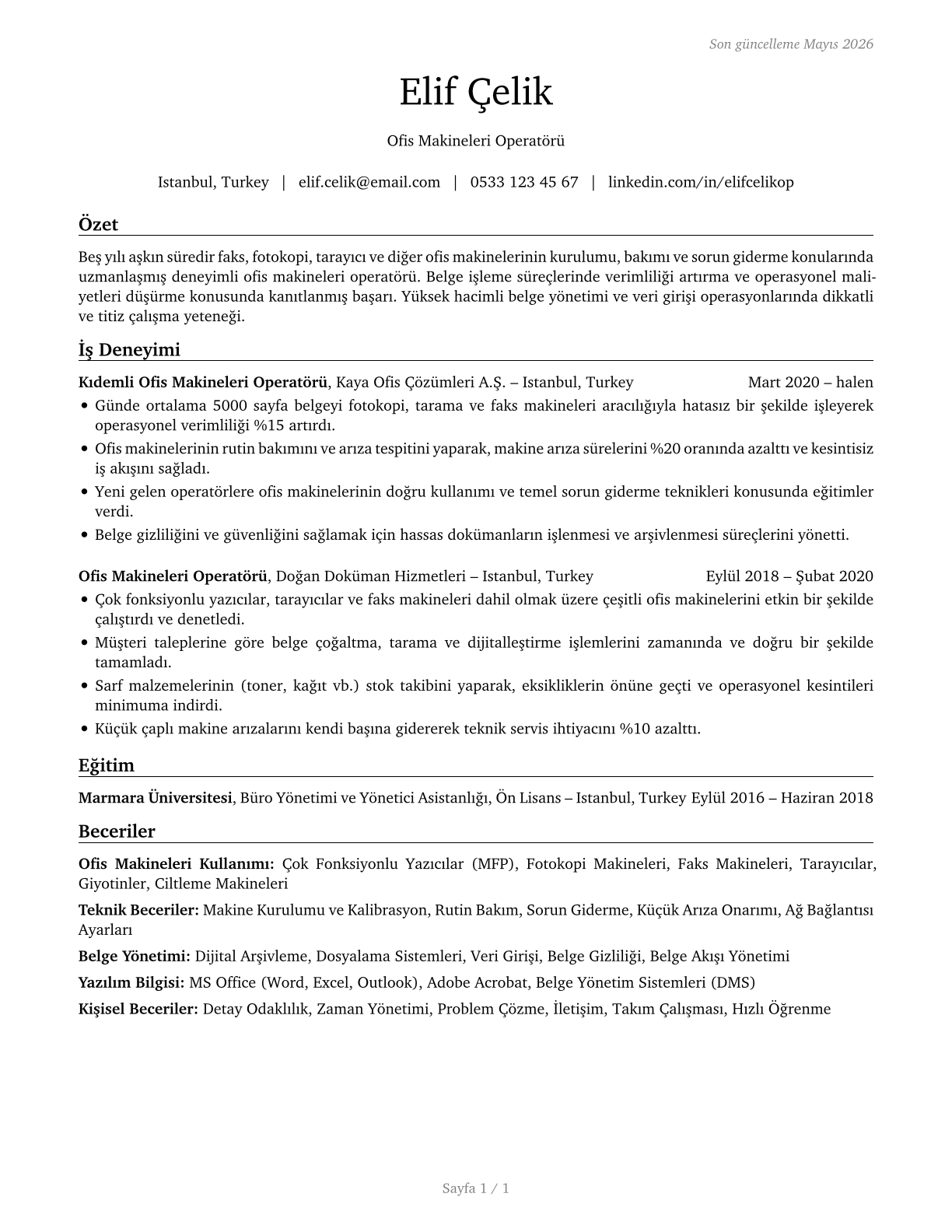 Office Machine Operators, Except Computer CV in Turkish — page 1