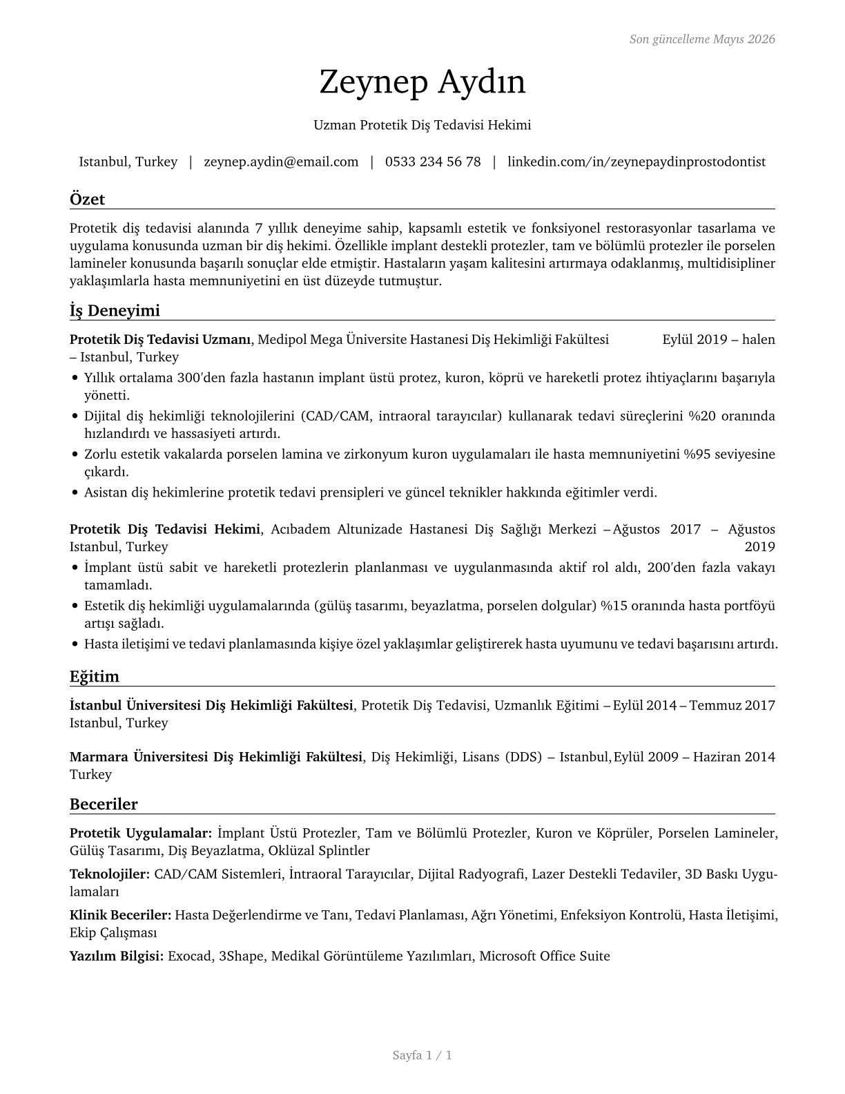 Prosthodontists CV in Turkish — page 1