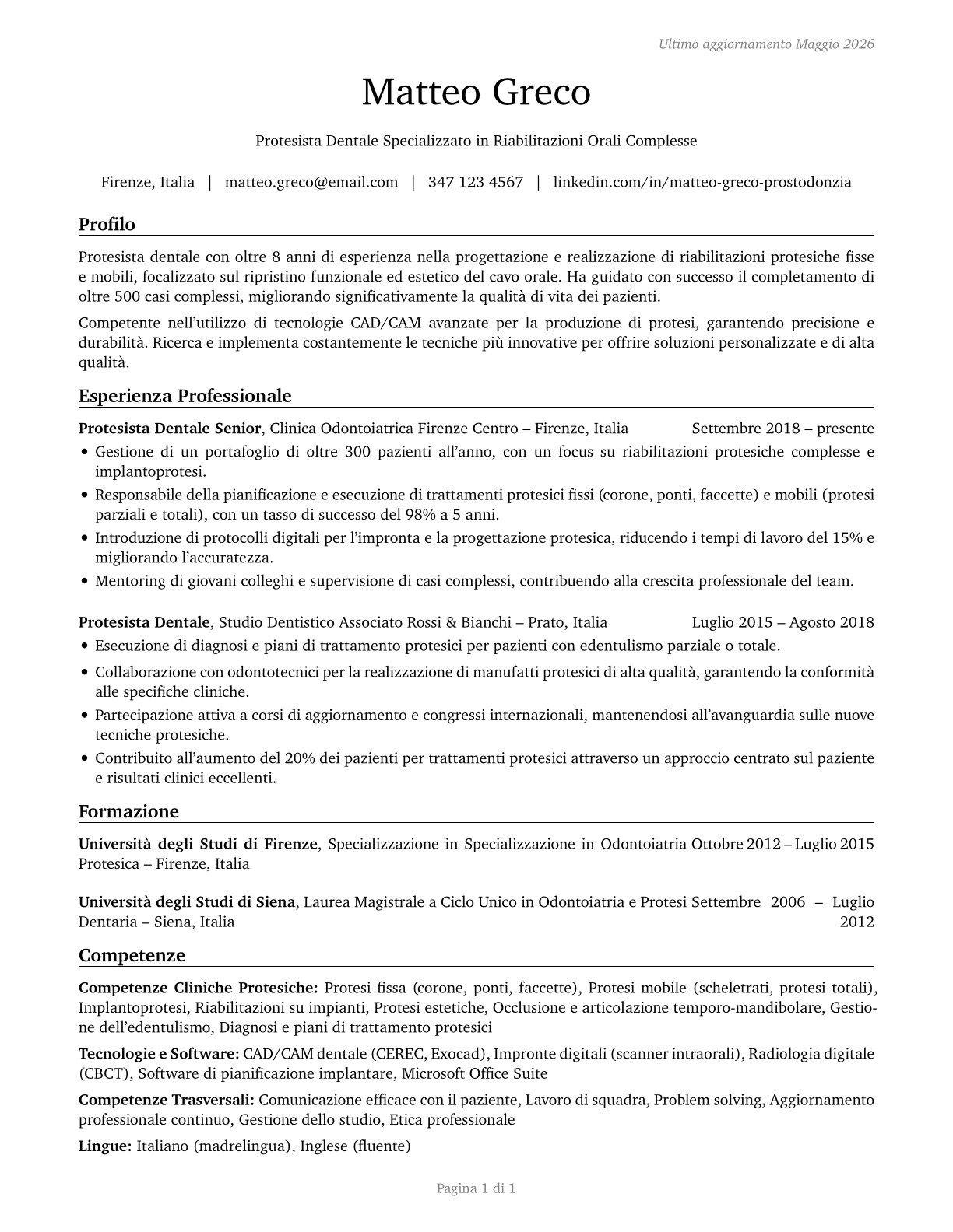 Prosthodontists CV in Italian — page 1